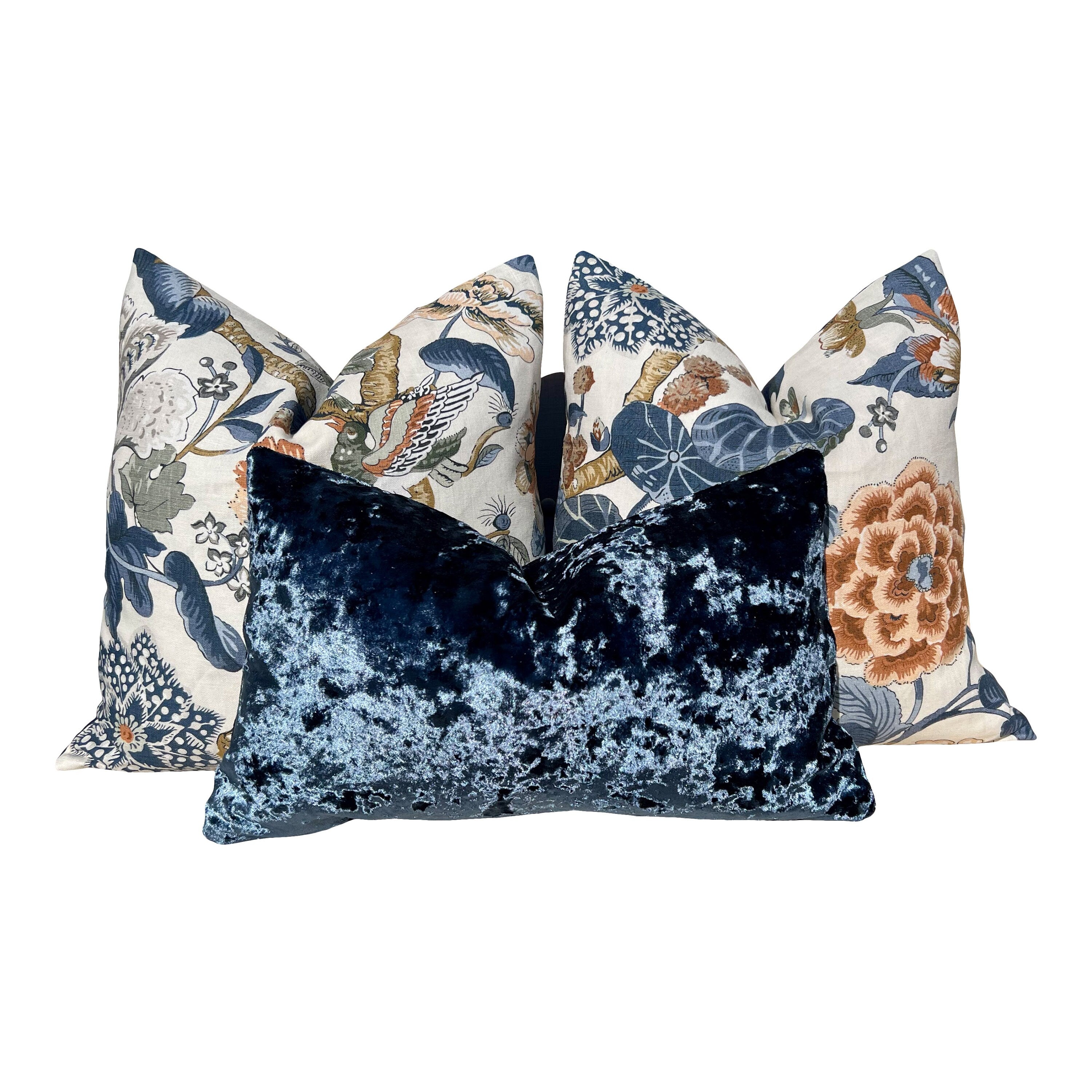 Hill Garden Linen Pillow in Brick and Navy. Designer Pillows, High End Pillows, Blue Floral Pillows, Bird Pillow Cover, Floral Bedroom Decor
