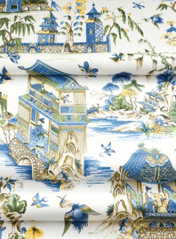 Grand Palace Chinoiserie Pillow in Green and Blue. Pagoda Pillow Cover, Designer Lumbar Pillows, High End Pillows, Euro Sham Pillow Cover