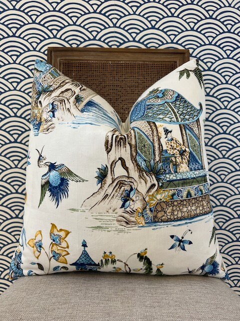 Grand Palace Chinoiserie Pillow in Green and Blue. Pagoda Pillow Cover, Designer Lumbar Pillows, High End Pillows, Euro Sham Pillow Cover