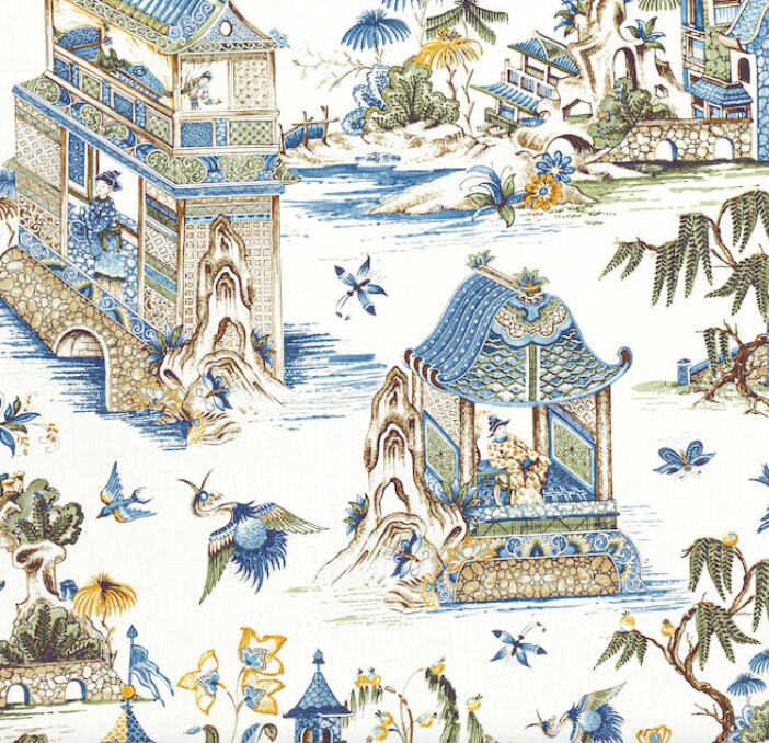 Grand Palace Chinoiserie Pillow in Green and Blue. Pagoda Pillow Cover, Designer Lumbar Pillows, High End Pillows, Euro Sham Pillow Cover