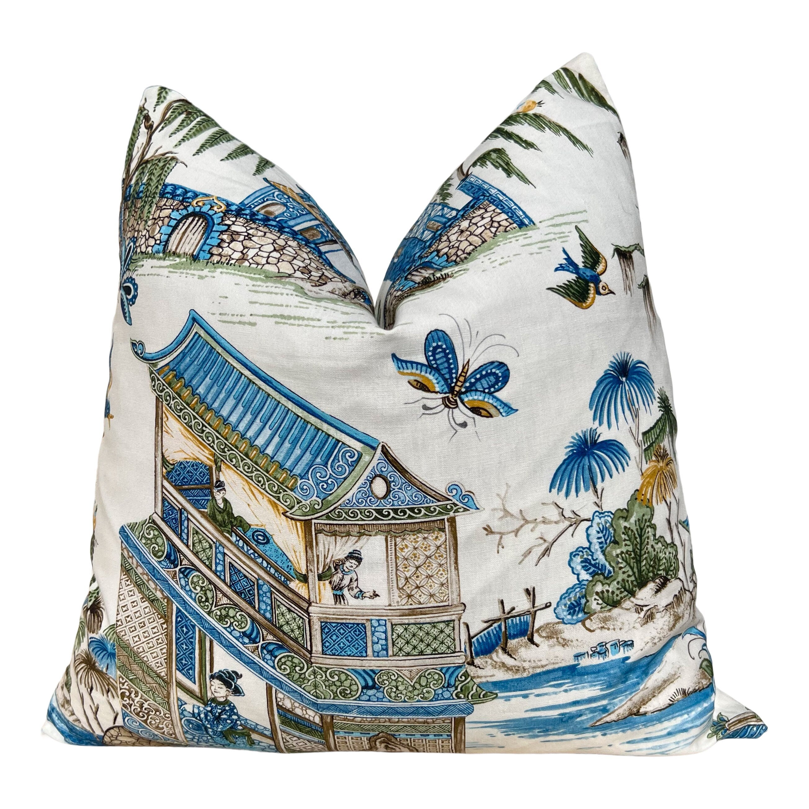 Grand Palace Chinoiserie Pillow in Green and Blue. Pagoda Pillow Cover, Designer Lumbar Pillows, High End Pillows, Euro Sham Pillow Cover
