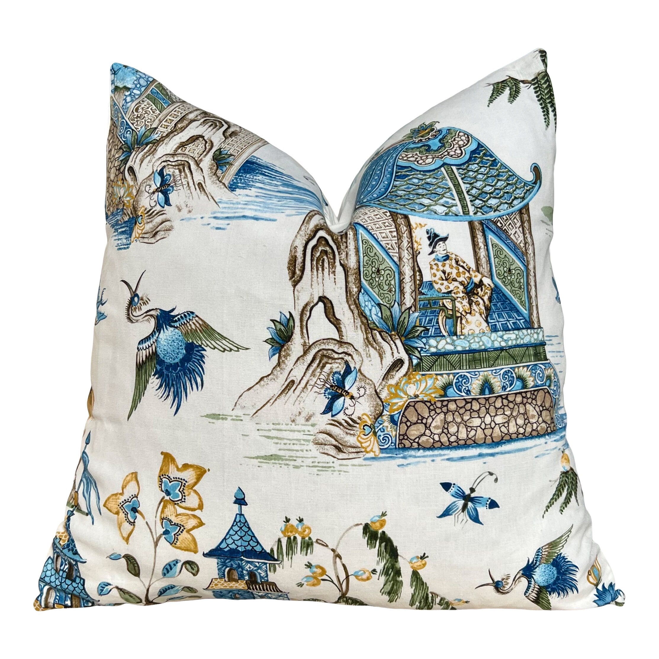 Grand Palace Chinoiserie Pillow in Green and Blue. Pagoda Pillow Cover, Designer Lumbar Pillows, High End Pillows, Euro Sham Pillow Cover