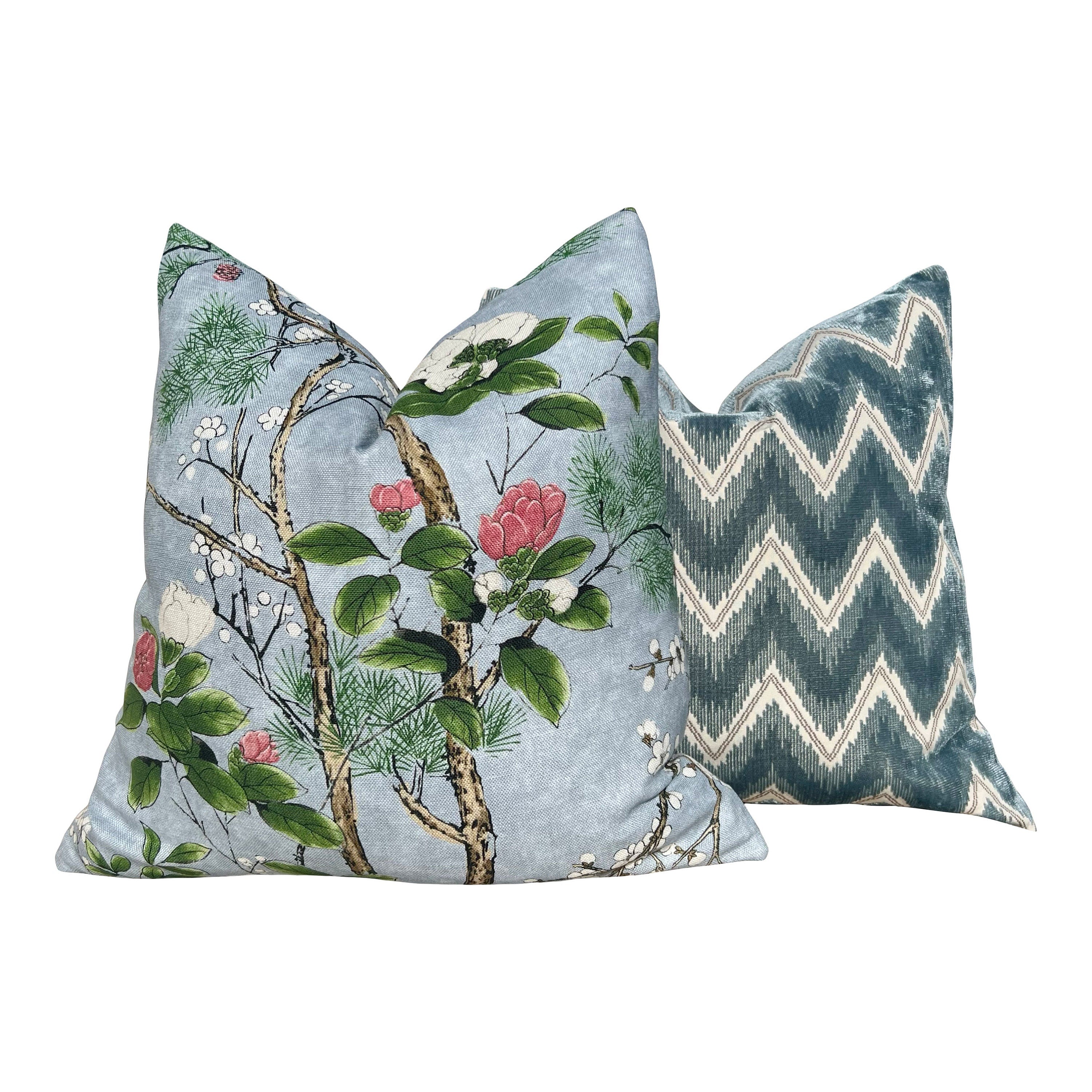 Katsura Pillow in Sky Blue. Designer Chinoiserie Pillow, Light Blue and Green Pillows, Euro Sham Cover, Blue and Green Floral Lumbar Pillows