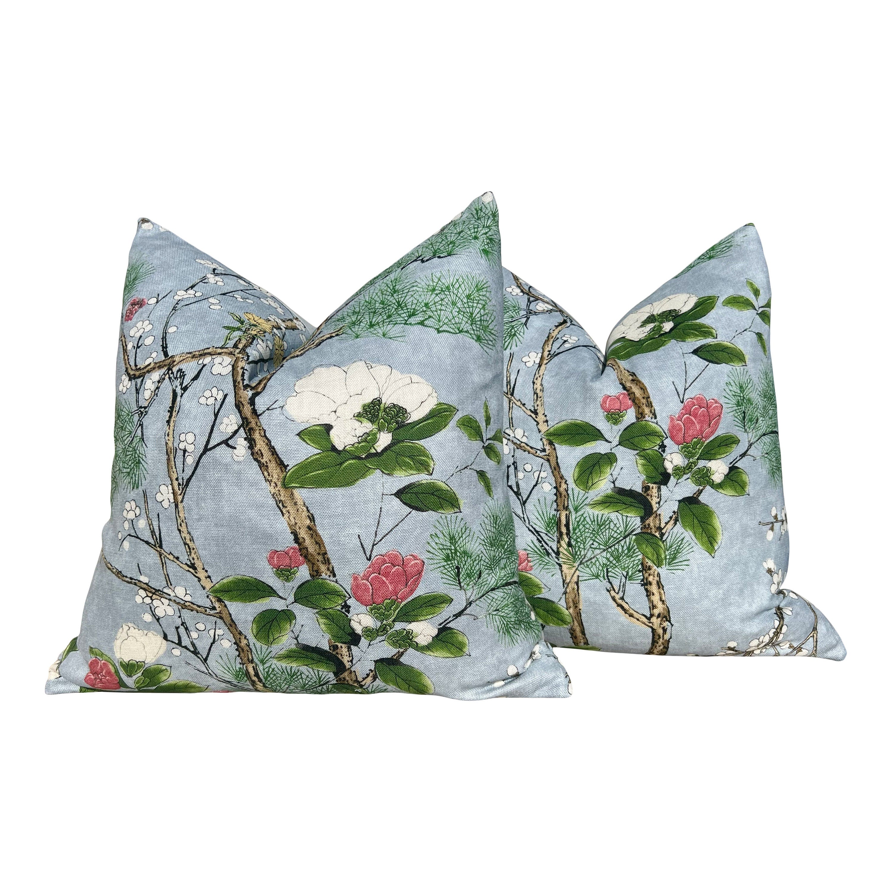 Katsura Pillow in Sky Blue. Designer Chinoiserie Pillow, Light Blue and Green Pillows, Euro Sham Cover, Blue and Green Floral Lumbar Pillows