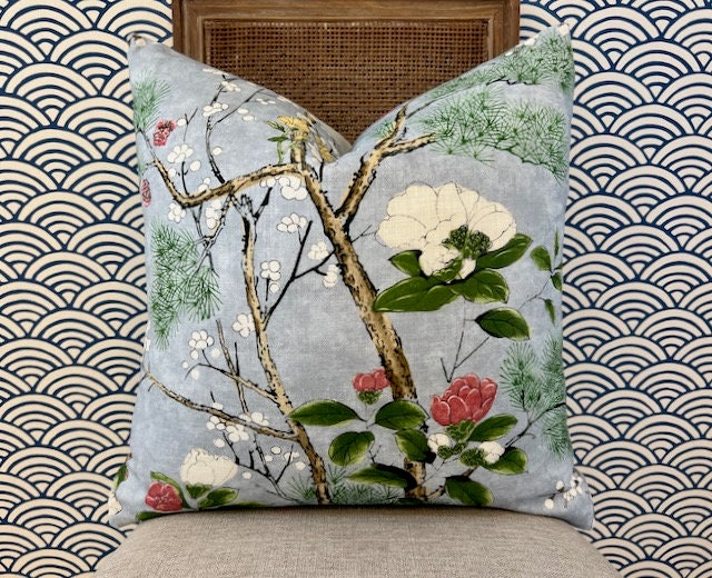 Katsura Pillow in Sky Blue. Designer Chinoiserie Pillow, Light Blue and Green Pillows, Euro Sham Cover, Blue and Green Floral Lumbar Pillows