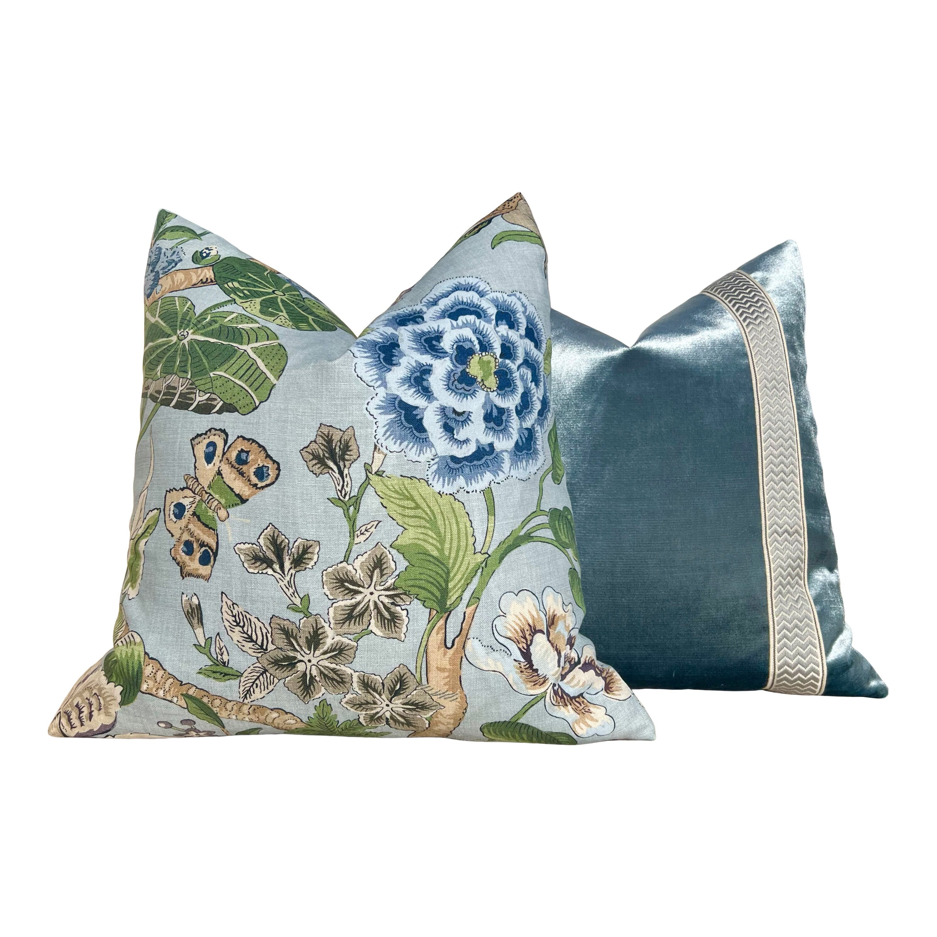 Hill Garden Linen Pillow in Spa Blue. Designer Pillows High End Pillows, Aqua Blue Floral Pillows, Linen Pillow Cover, Floral Bedroom Decor