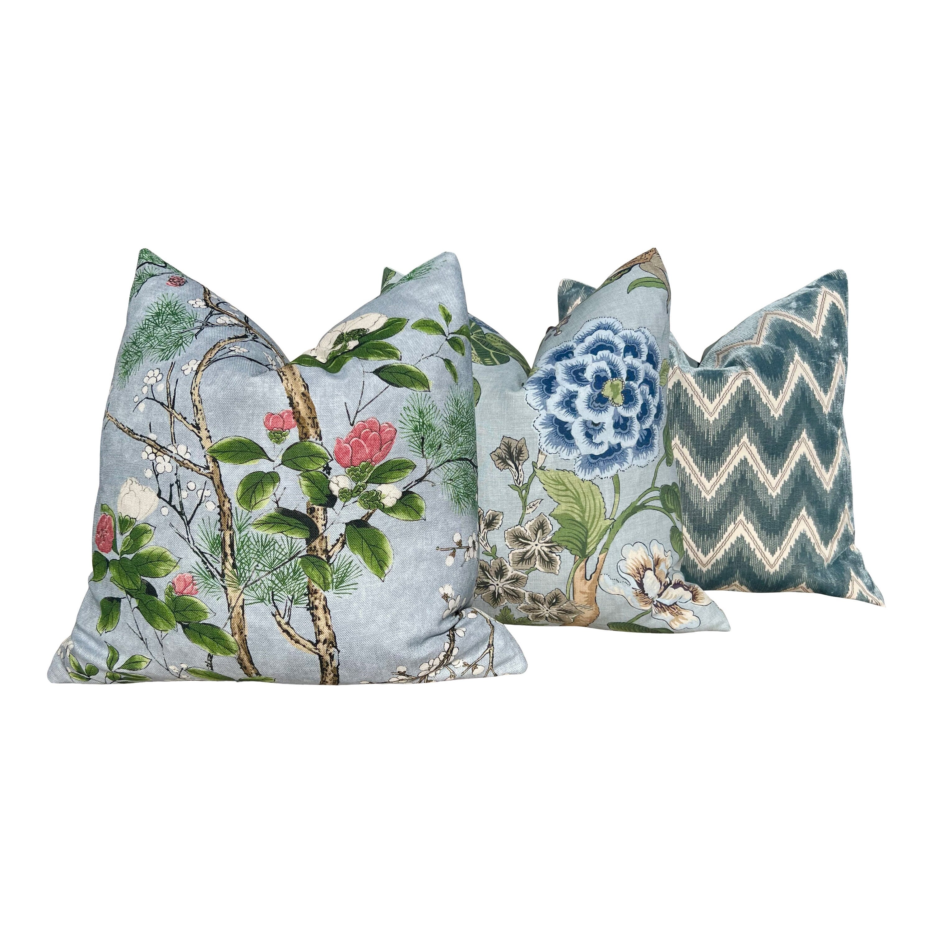 Hill Garden Linen Pillow in Spa Blue. Designer Pillows High End Pillows, Aqua Blue Floral Pillows, Linen Pillow Cover, Floral Bedroom Decor