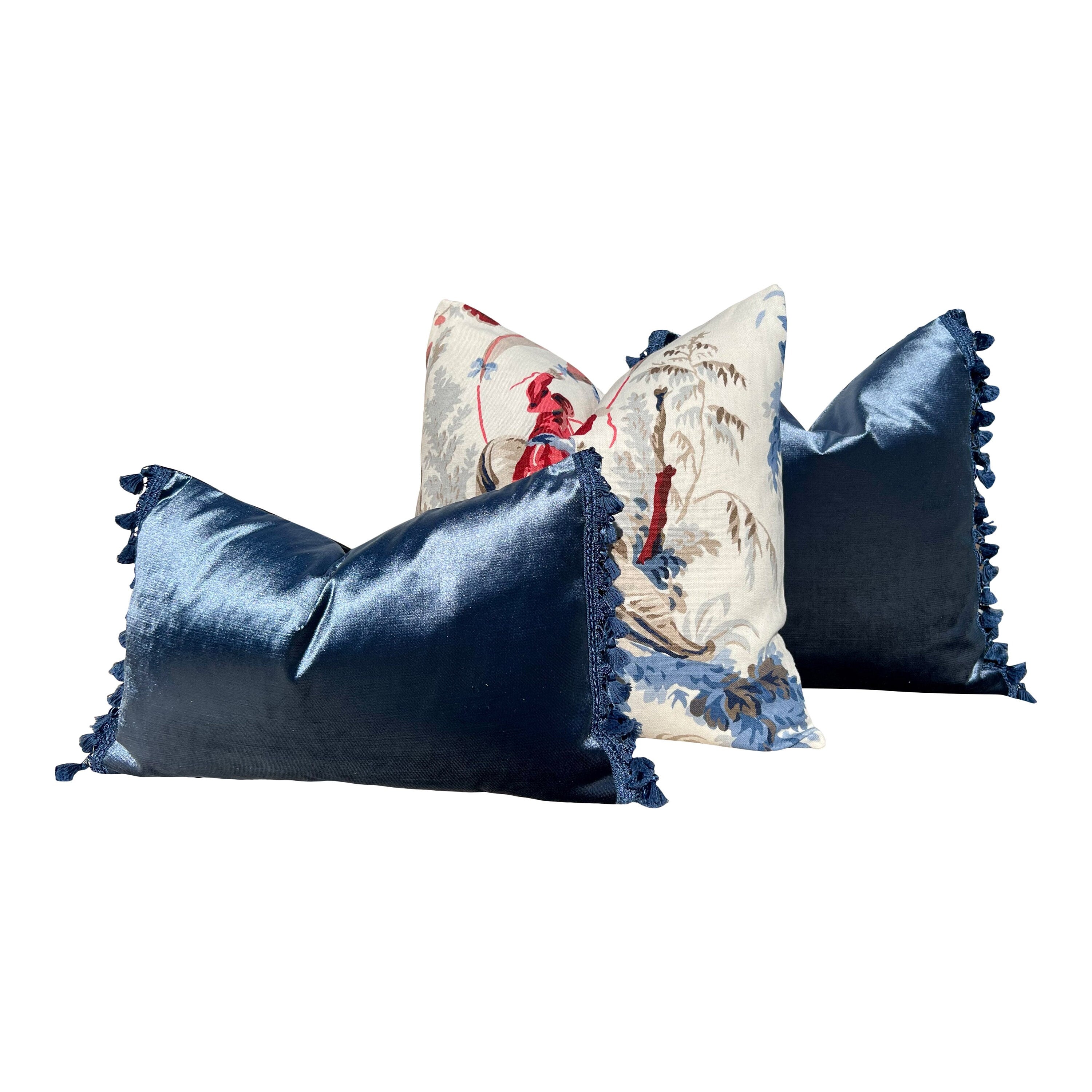 Designer Velvet Pillow in Deep Blue Color with Tassl Trim. Designer Velvet Pillows, High End Pillows, Accent Lumbar Pillow Velvet Shams