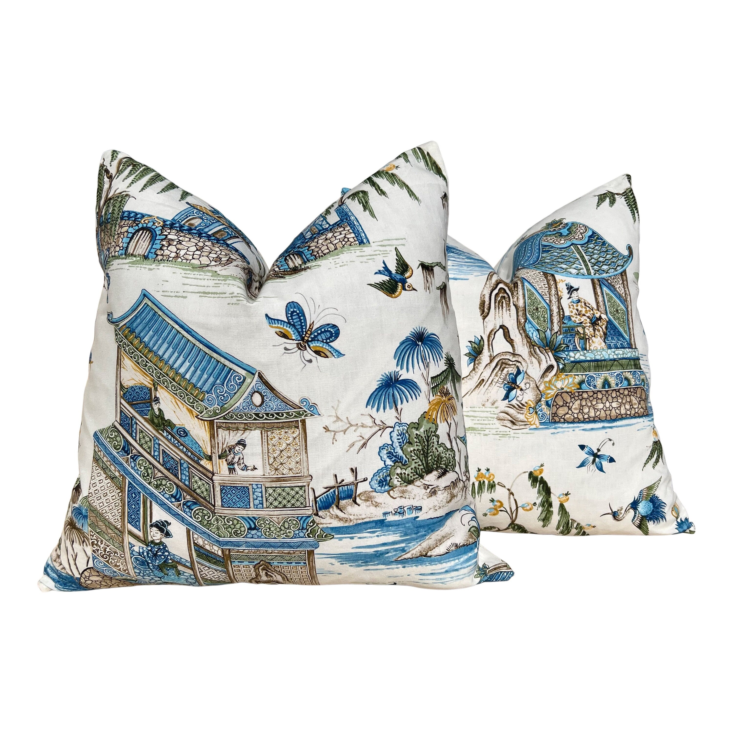Grand Palace Chinoiserie Pillow in Green and Blue. Pagoda Pillow Cover, Designer Lumbar Pillows, High End Pillows, Euro Sham Pillow Cover