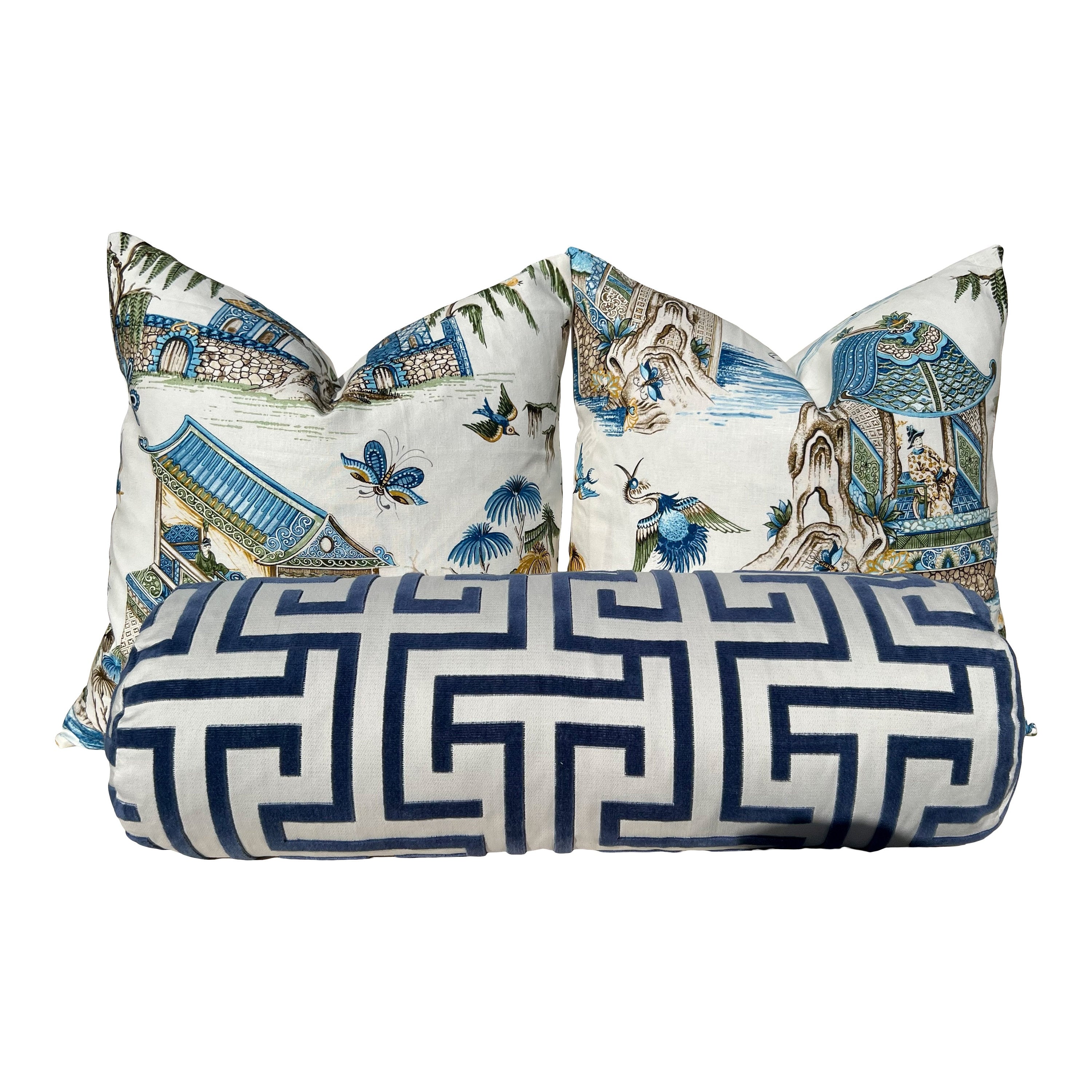 Grand Palace Chinoiserie Pillow in Green and Blue. Pagoda Pillow Cover, Designer Lumbar Pillows, High End Pillows, Euro Sham Pillow Cover