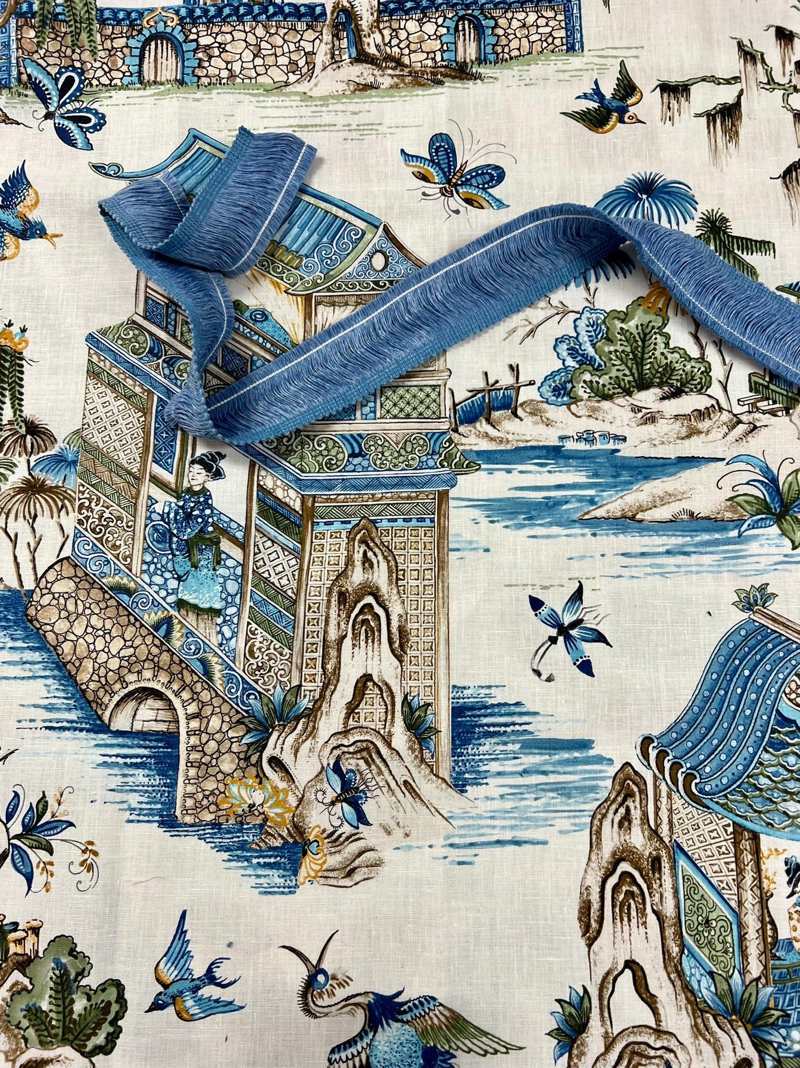 Grand Palace Chinoiserie Pillow in Green and Blue. Pagoda Pillow Cover, Designer Lumbar Pillows, High End Pillows, Euro Sham Pillow Cover