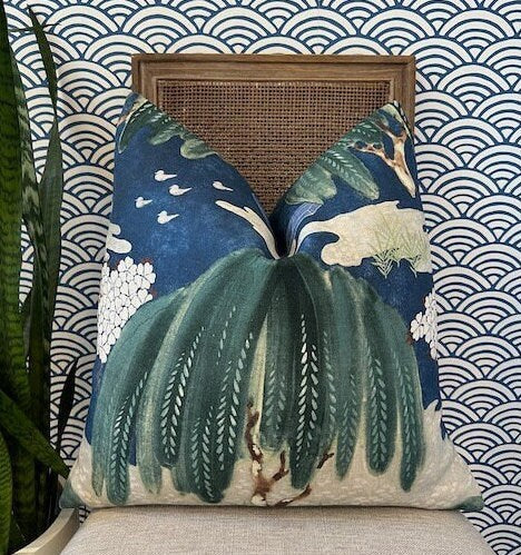 Thibaut Willow Tree Pillow in Navy, Teal. Designer Pillows, Accent Pillow Cover, High End Pillows, Euro Sham Case, Lumbar Floral Pillow