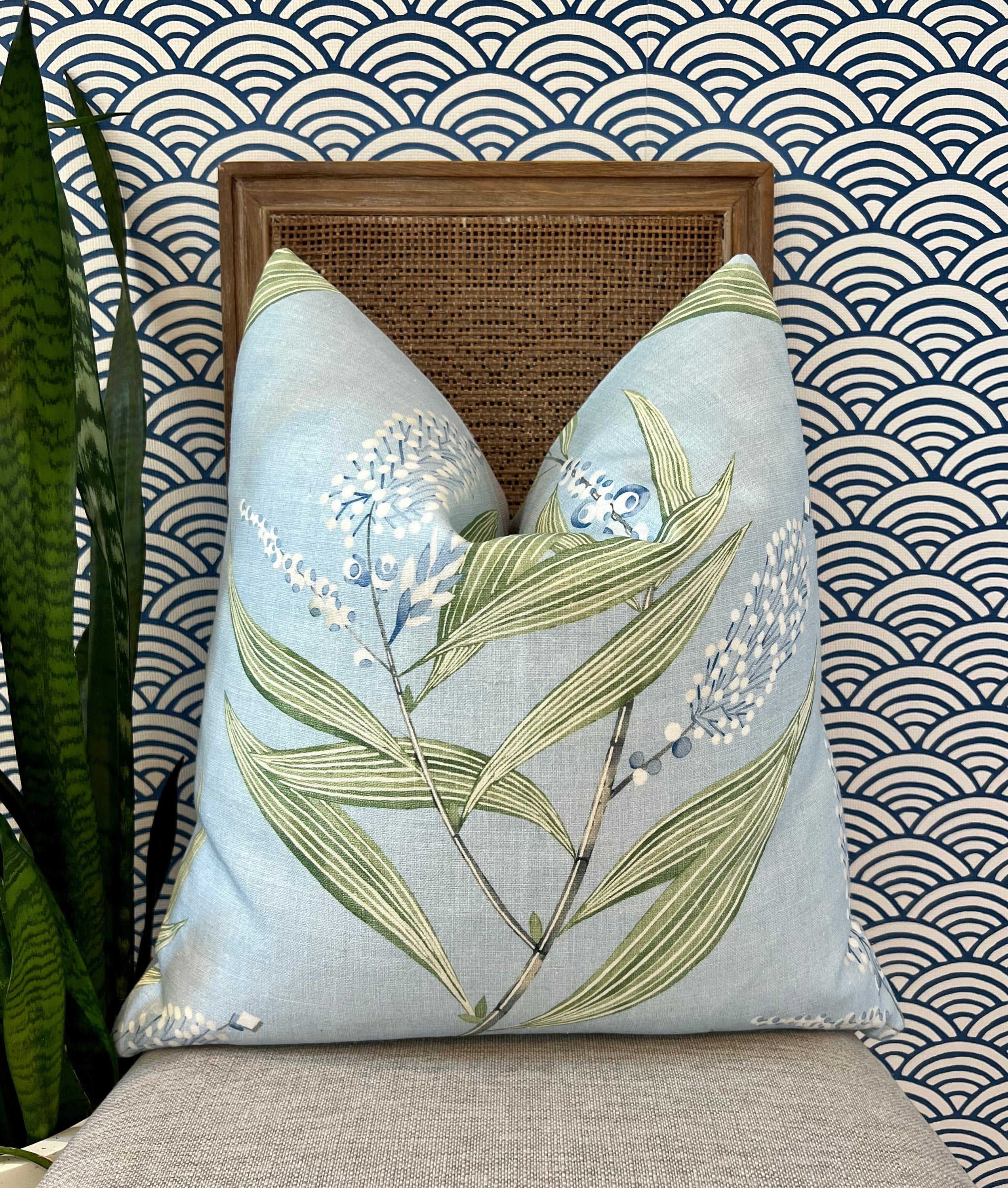 Winter Bud Floral Pillow in Sky Blue. Designer Pillows, High End Pillow Covers, Euro Sham Case 26"X26", Accent Blue Lumbar Pillows, Bolster
