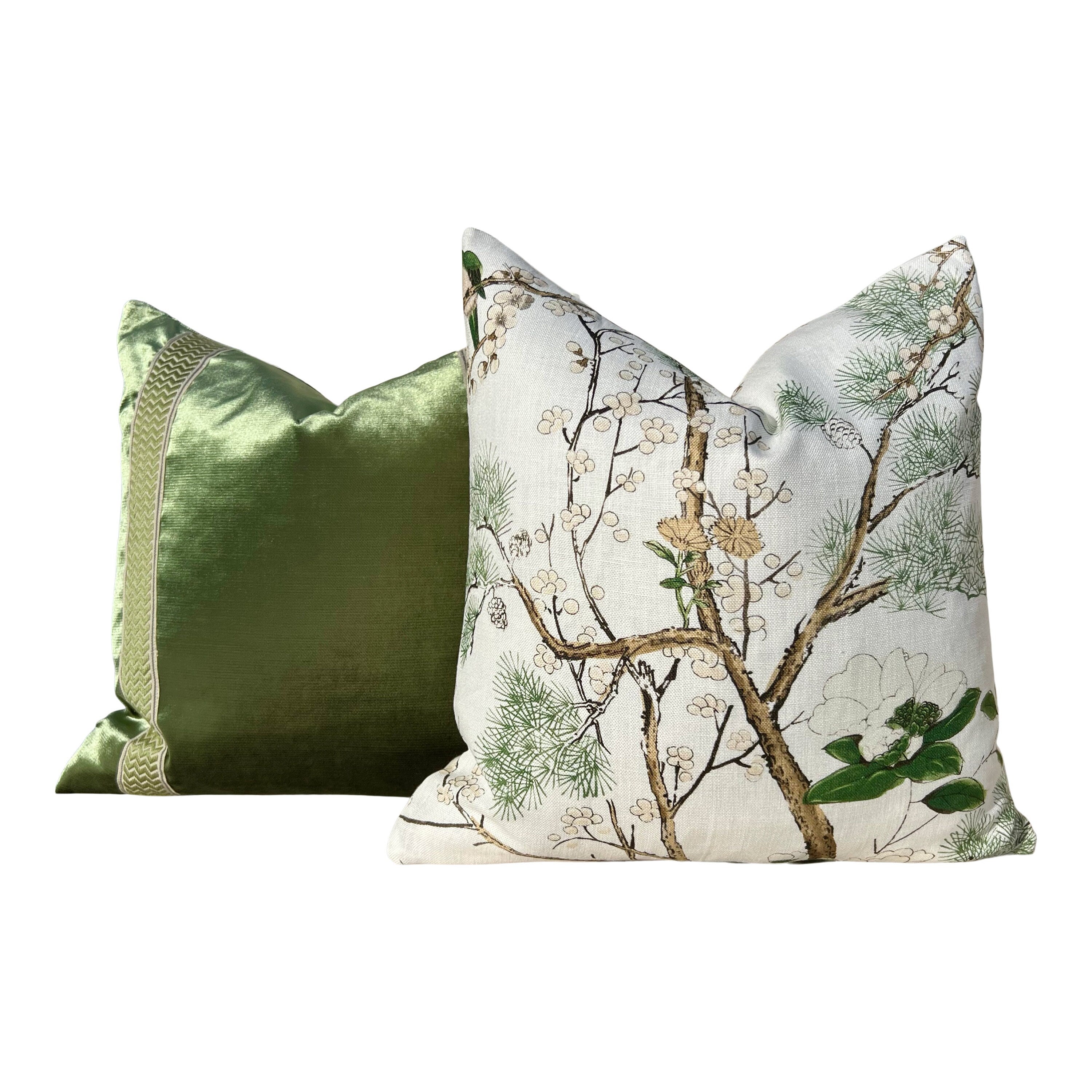 Katsura Pillow in Soft White and Green. Designer Linen Pillows, High End Floral Pillows, Euro Sham Cover, Decorative Lumbar Pillows