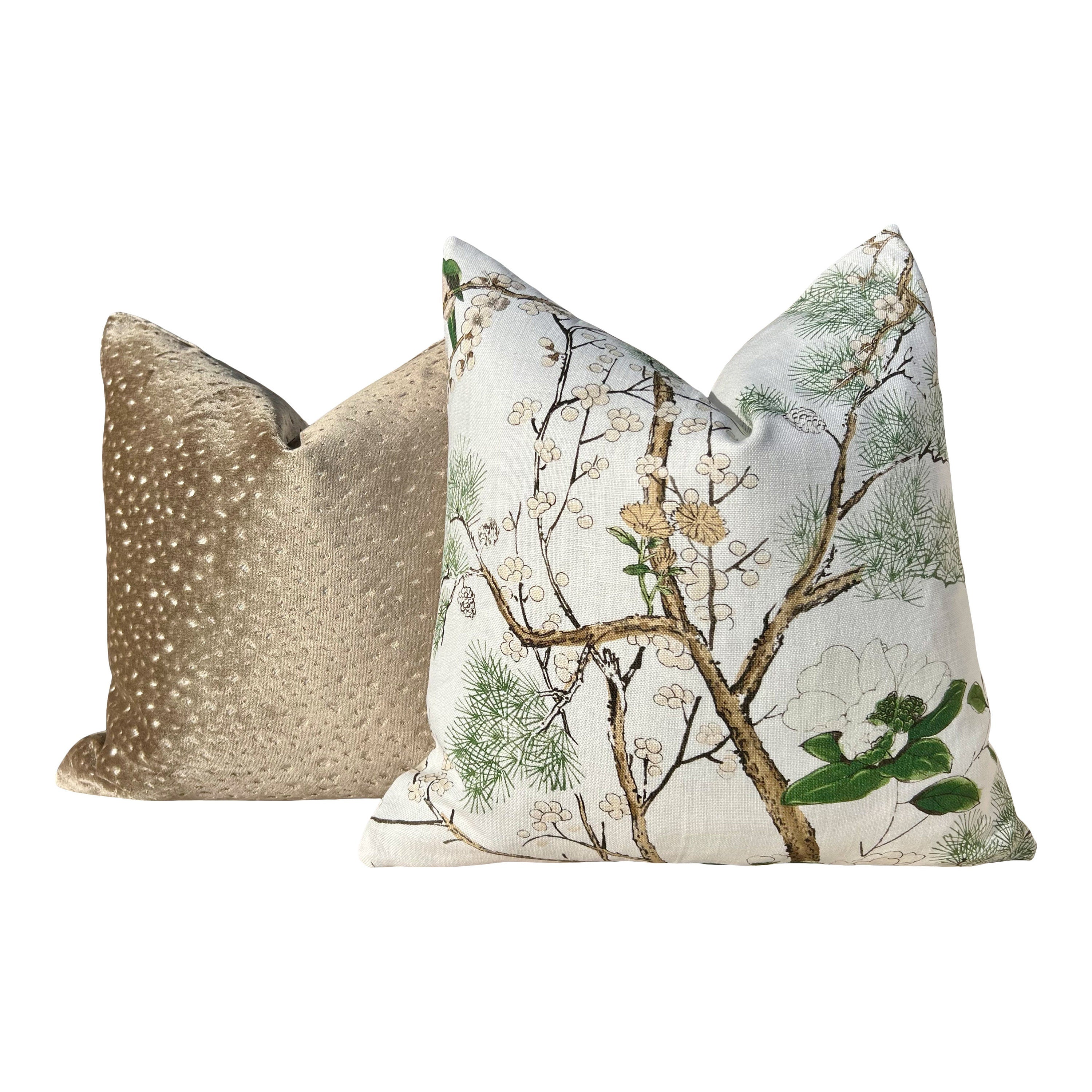 Katsura Pillow in Soft White and Green. Designer Linen Pillows, High End Floral Pillows, Euro Sham Cover, Decorative Lumbar Pillows