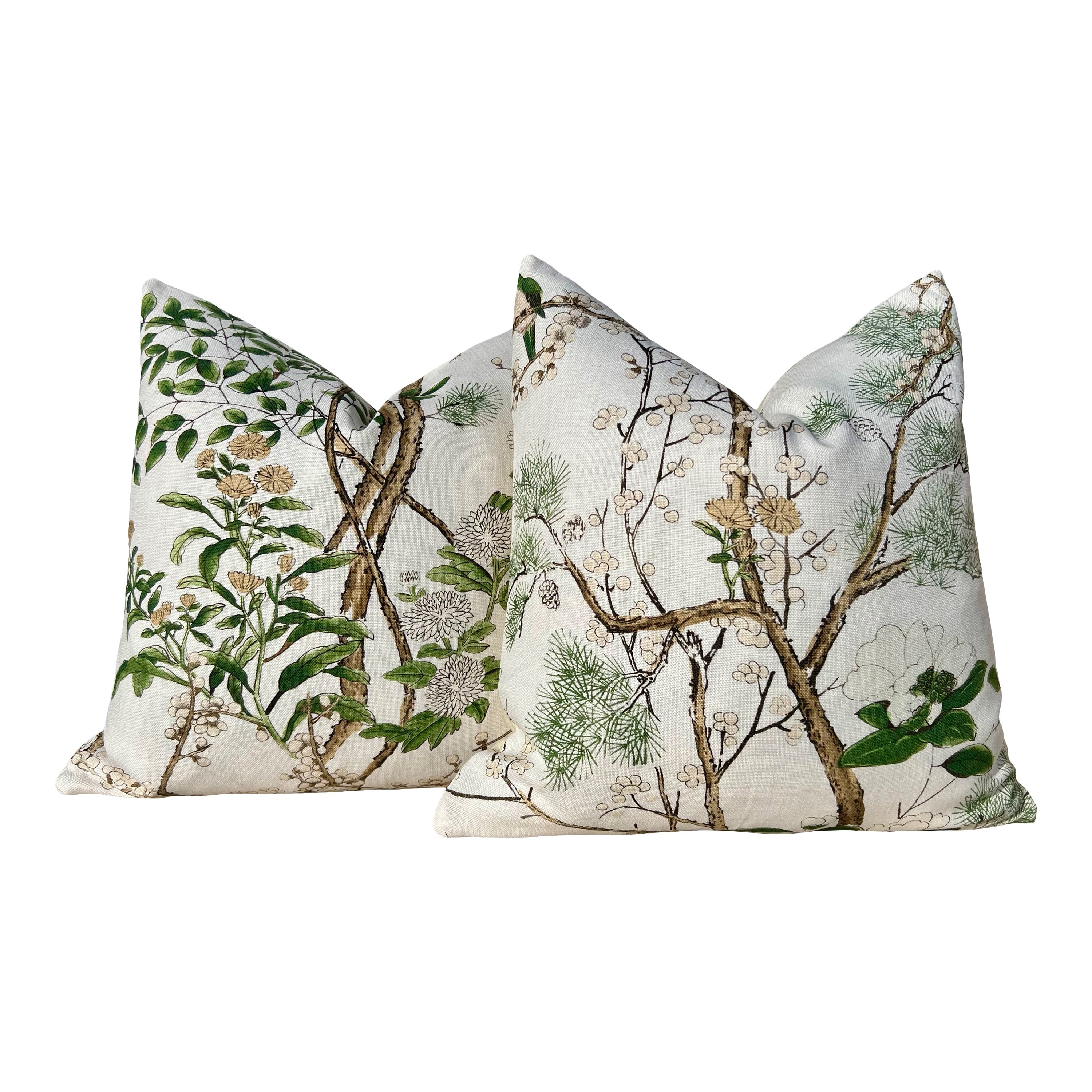 Katsura Pillow in Soft White and Green. Designer Linen Pillows, High End Floral Pillows, Euro Sham Cover, Decorative Lumbar Pillows