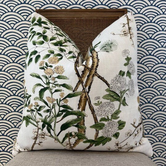 Katsura Pillow in Soft White and Green. Designer Linen Pillows, High End Floral Pillows, Euro Sham Cover, Decorative Lumbar Pillows