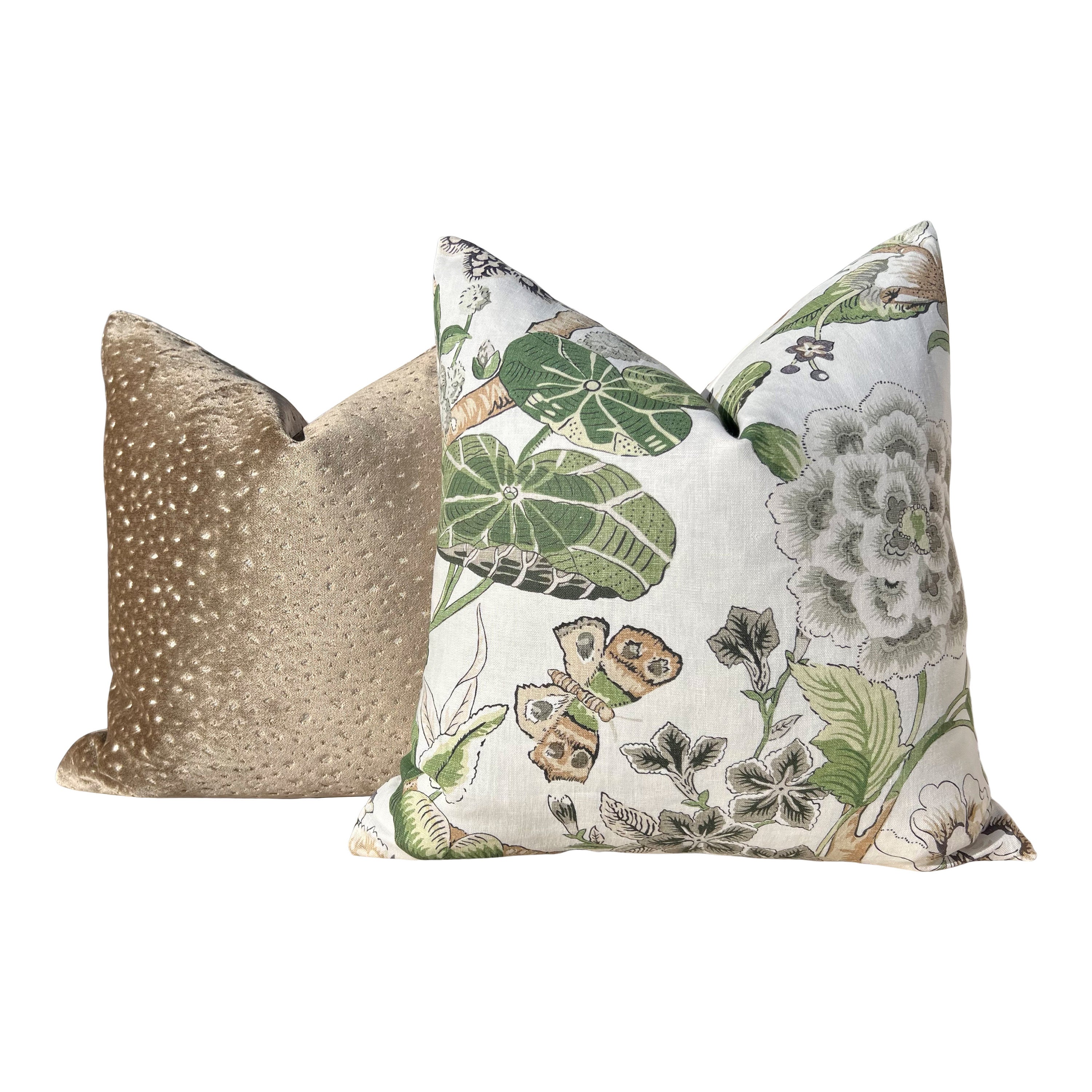 Hill Garden Linen Pillow in Green and White. Designer Pillows, High End Pillows, Floral Pillows, Bird Pillow Cover, Floral Bedroom Decor