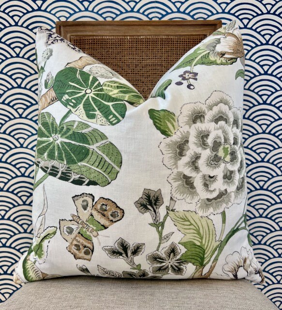 Hill Garden Linen Pillow in Green and White. Designer Pillows, High End Pillows, Floral Pillows, Bird Pillow Cover, Floral Bedroom Decor