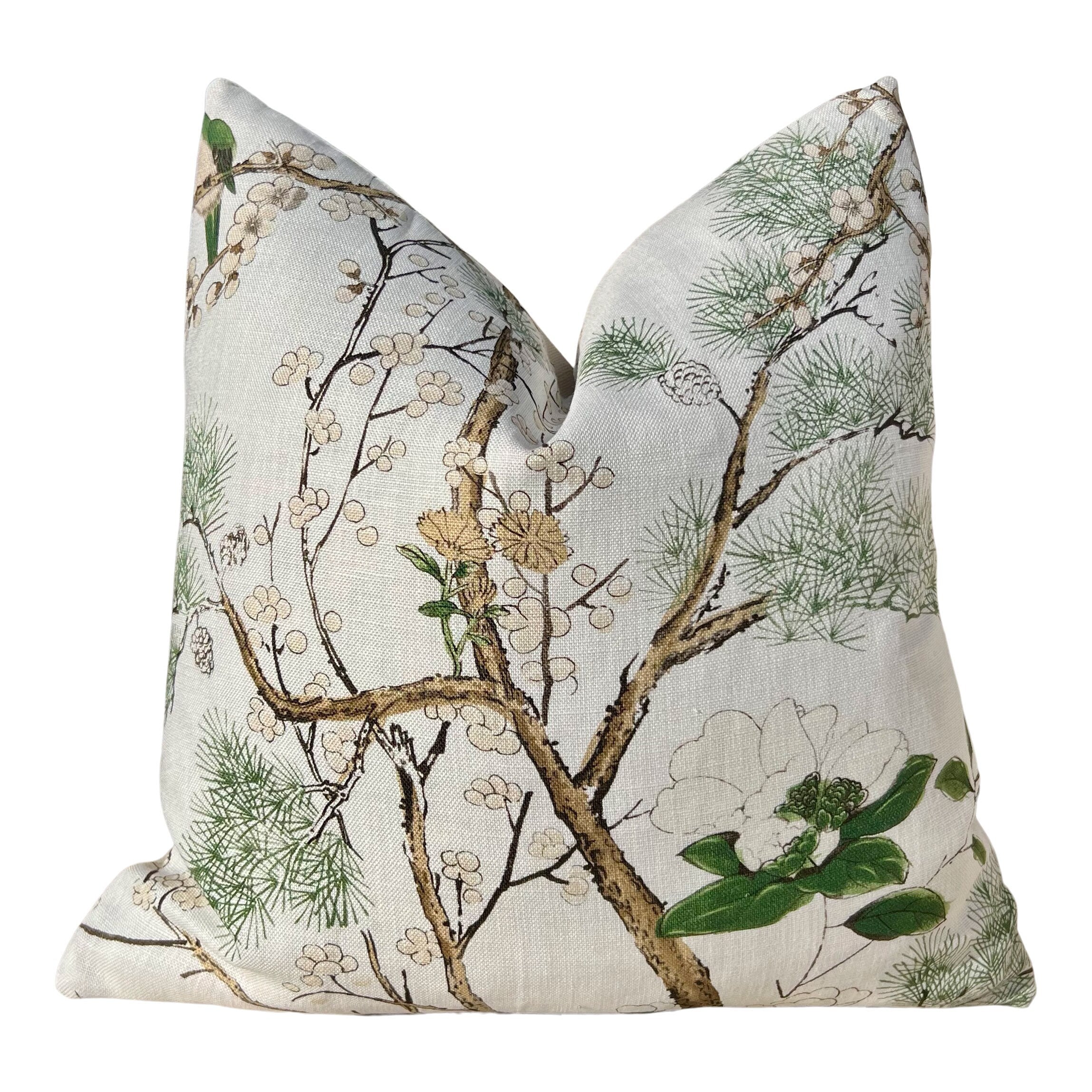 Katsura Pillow in Soft White and Green. Designer Linen Pillows, High End Floral Pillows, Euro Sham Cover, Decorative Lumbar Pillows
