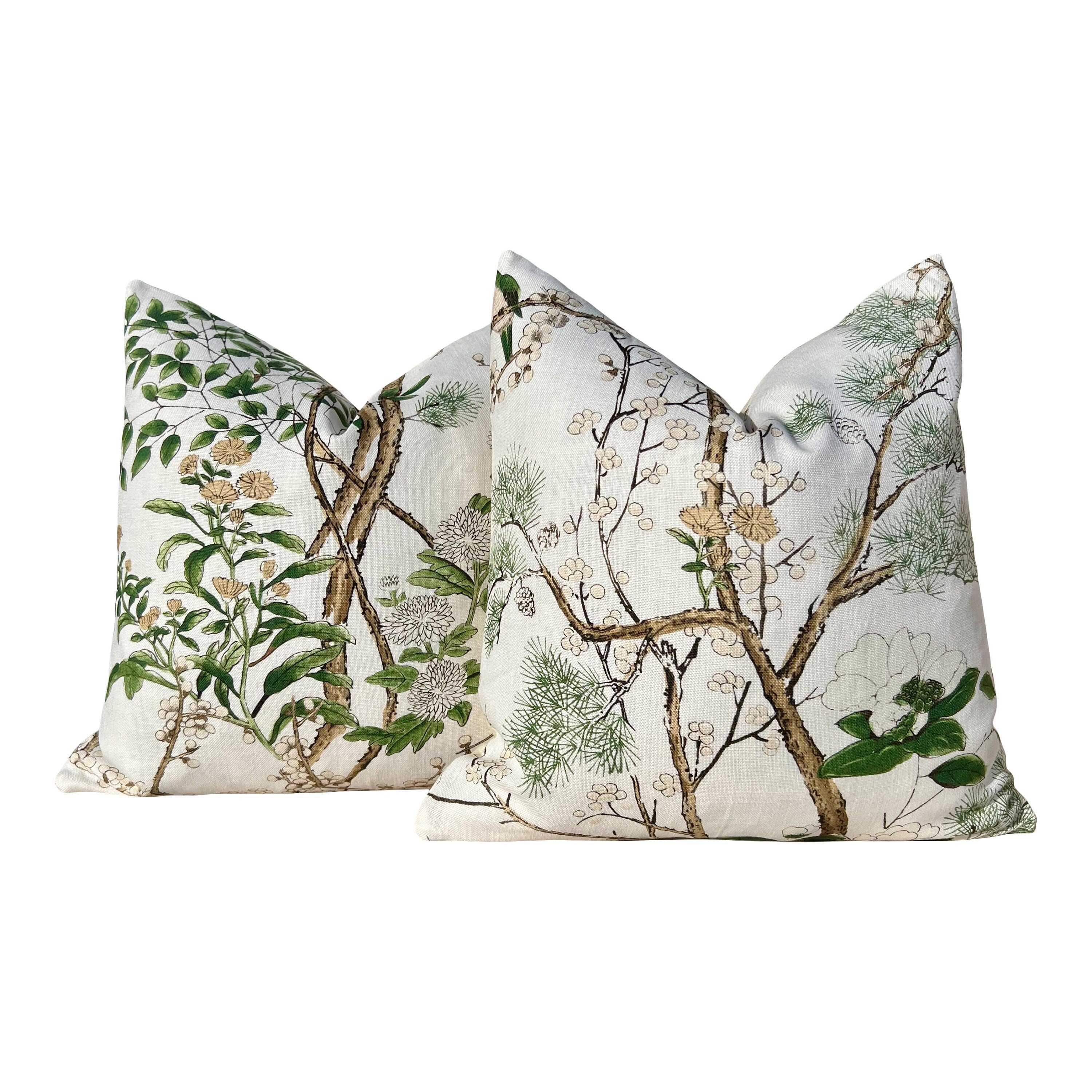 Katsura Pillow in Soft White and Green. Designer Linen Pillows, High End Floral Pillows, Euro Sham Cover, Decorative Lumbar Pillows
