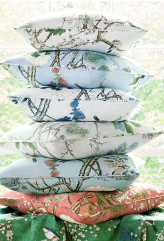 Katsura Pillow in Soft White and Green. Designer Linen Pillows, High End Floral Pillows, Euro Sham Cover, Decorative Lumbar Pillows