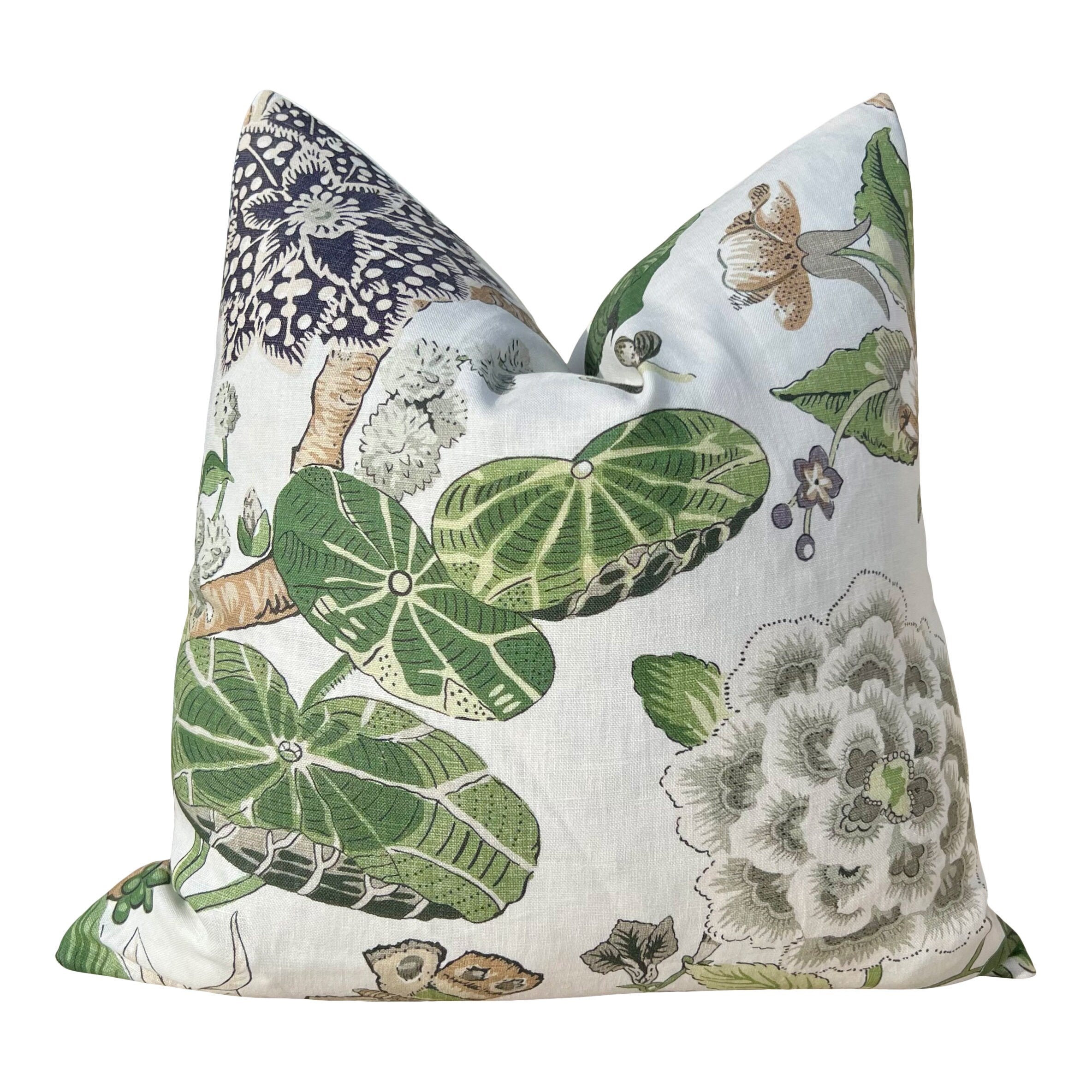 Hill Garden Linen Pillow in Green and White. Designer Pillows, High End Pillows, Floral Pillows, Bird Pillow Cover, Floral Bedroom Decor