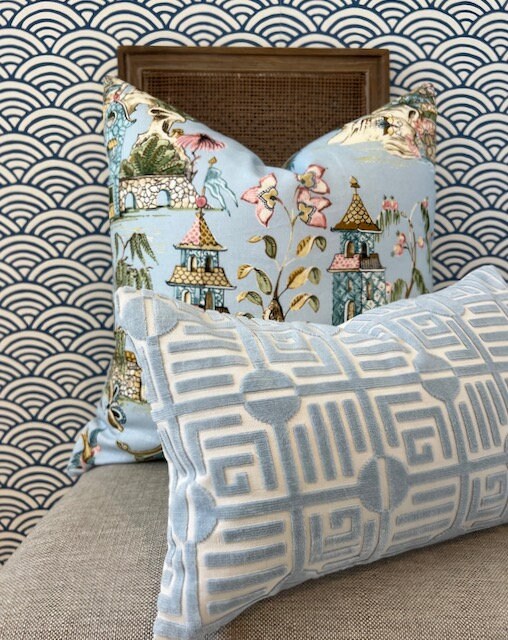 Grand Palace Chinoiserie Pillow in Sky Blue. Pagoda Pillow Cover, Designer Lumbar Pillows, High End Pillows, Euro Sham Pillow Cover