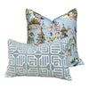 Load image into Gallery viewer, Grand Palace Chinoiserie Pillow in Sky Blue. Pagoda Pillow Cover, Designer Lumbar Pillows, High End Pillows, Euro Sham Pillow Cover