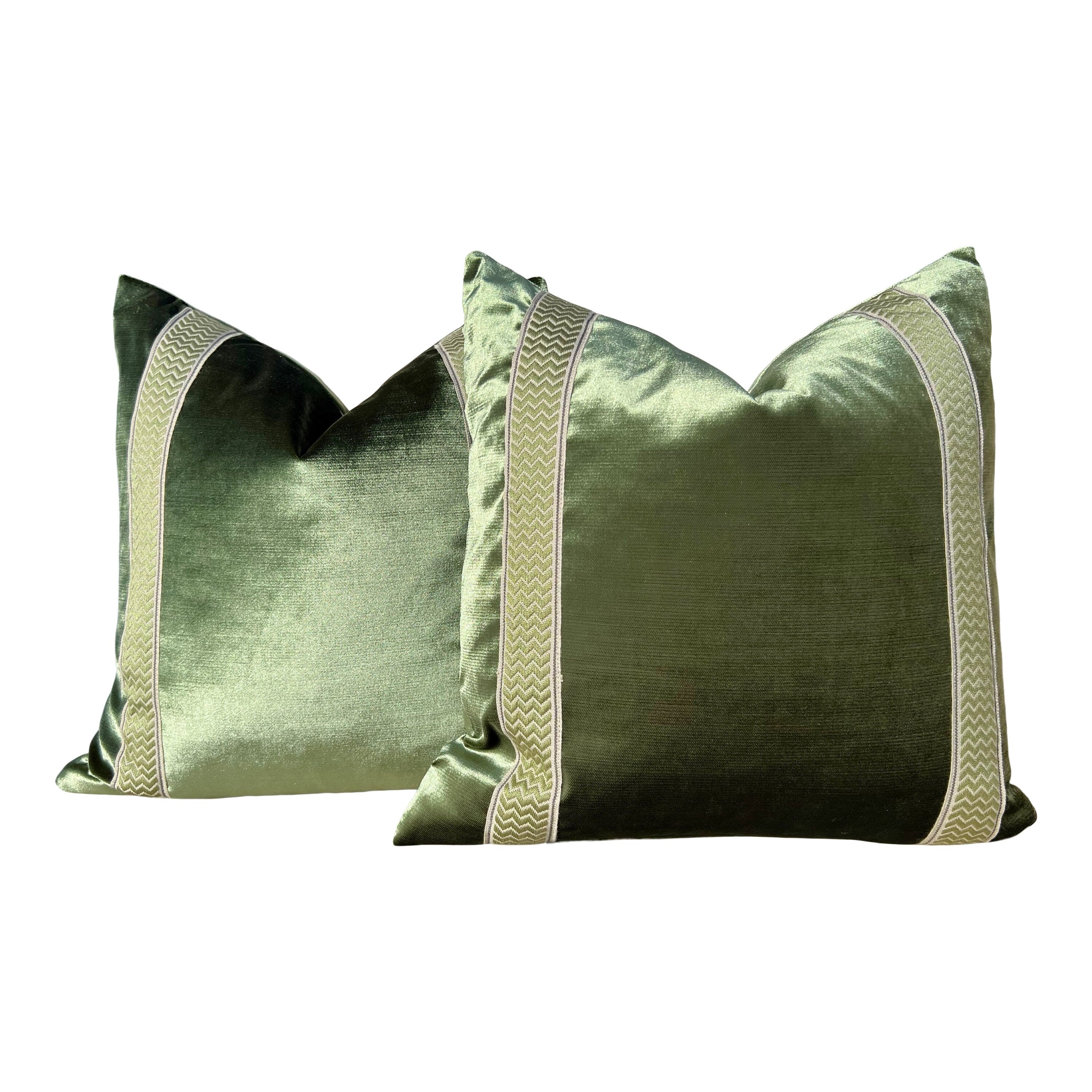 Designer Velvet Pillow in Luminous Green, Chevron Trim. High End Pillows, Velvet Lumbar Pillow Cover, Accent Velvet Pillow, Lumbar Velvet