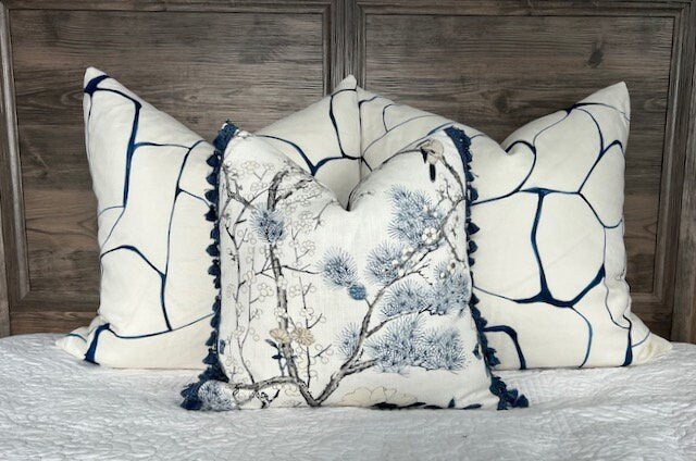 Katsura Pillow in Blue and White. Designer Linen Pillows, High End Floral Pillows, Euro Sham Cover, Decorative Lumbar Pillows, Floral Decor