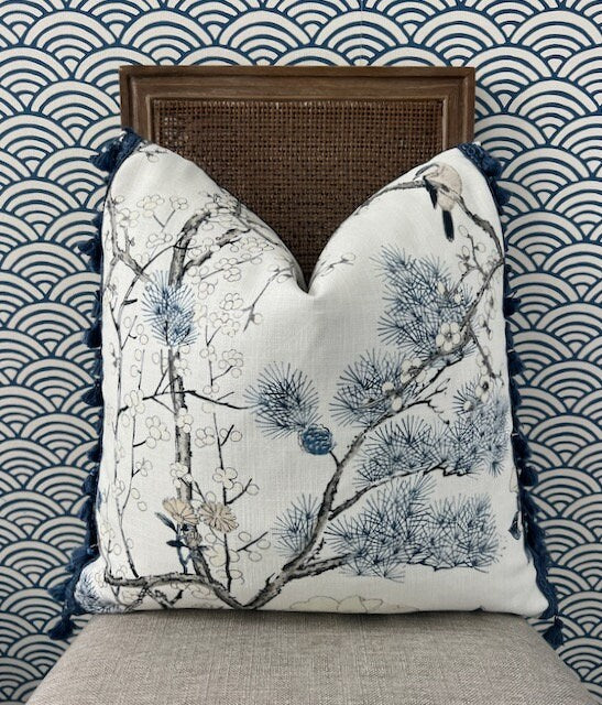 Katsura Pillow in Blue and White. Designer Linen Pillows, High End Floral Pillows, Euro Sham Cover, Decorative Lumbar Pillows, Floral Decor
