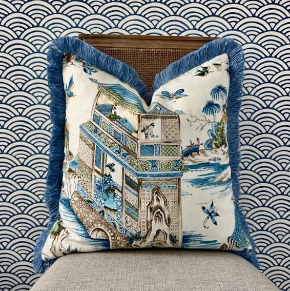 Grand Palace Chinoiserie Pillow in Green and Blue. Pagoda Pillow Cover, Designer Lumbar Pillows, High End Pillows, Euro Sham Pillow Cover
