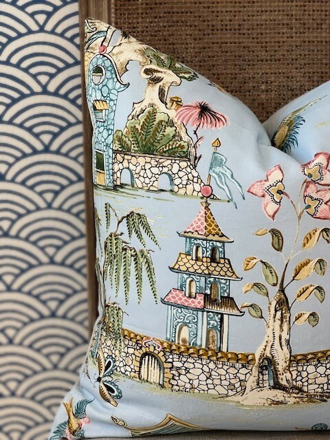Grand Palace Chinoiserie Pillow in Sky Blue. Pagoda Pillow Cover, Designer Lumbar Pillows, High End Pillows, Euro Sham Pillow Cover