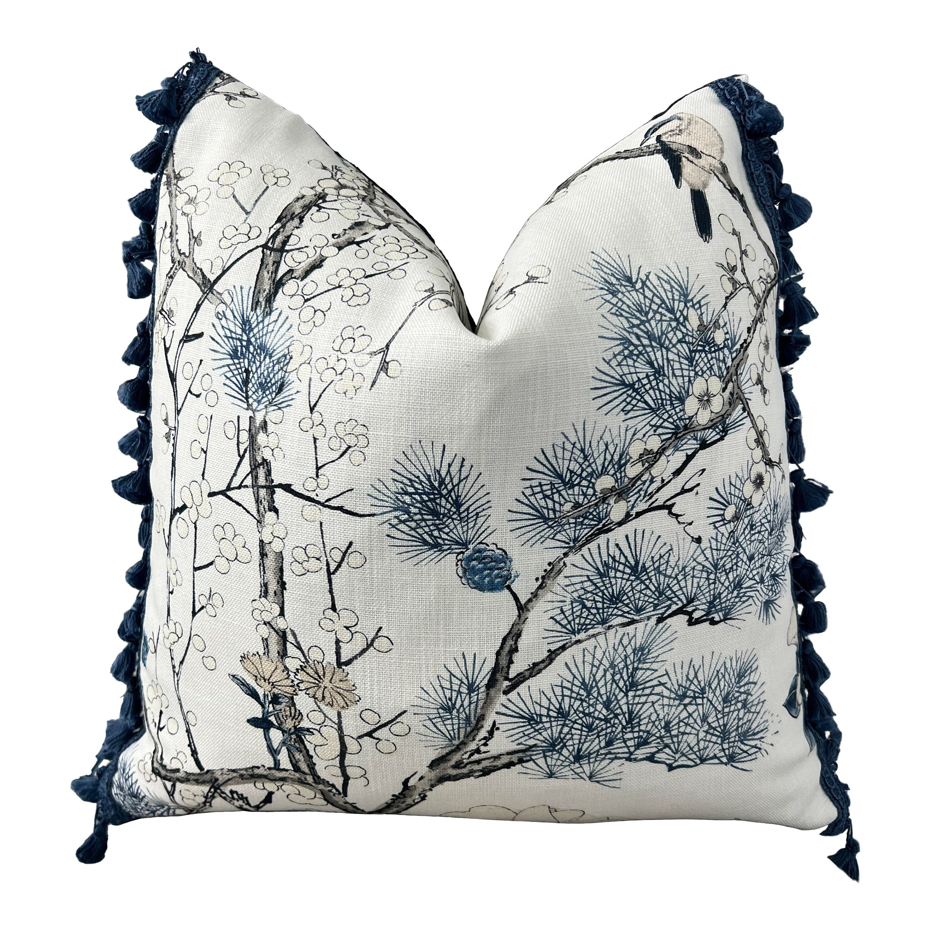 Katsura Pillow in Blue and White. Designer Linen Pillows, High End Floral Pillows, Euro Sham Cover, Decorative Lumbar Pillows, Floral Decor