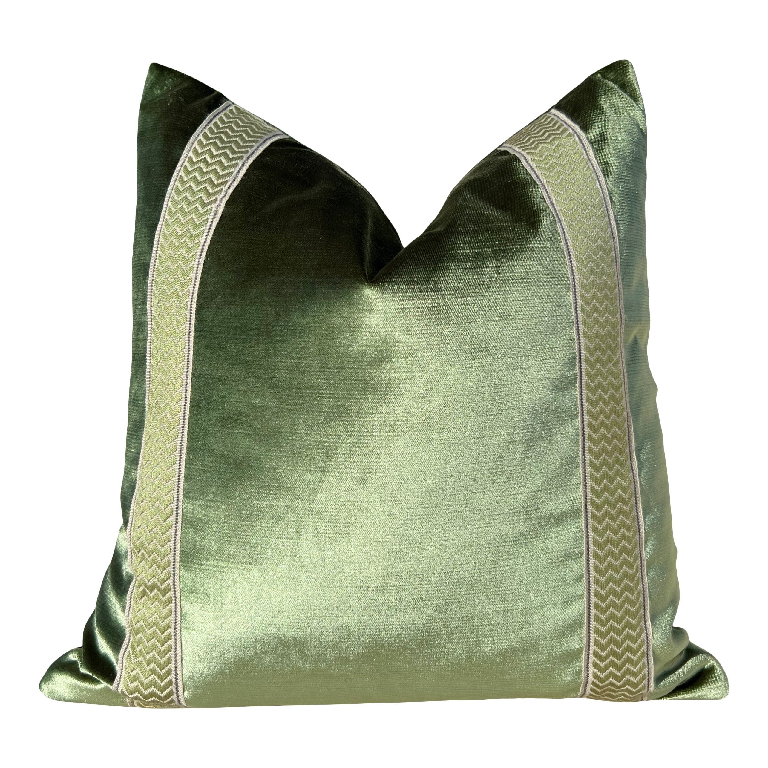 Designer Velvet Pillow in Luminous Green, Chevron Trim. High End Pillows, Velvet Lumbar Pillow Cover, Accent Velvet Pillow, Lumbar Velvet
