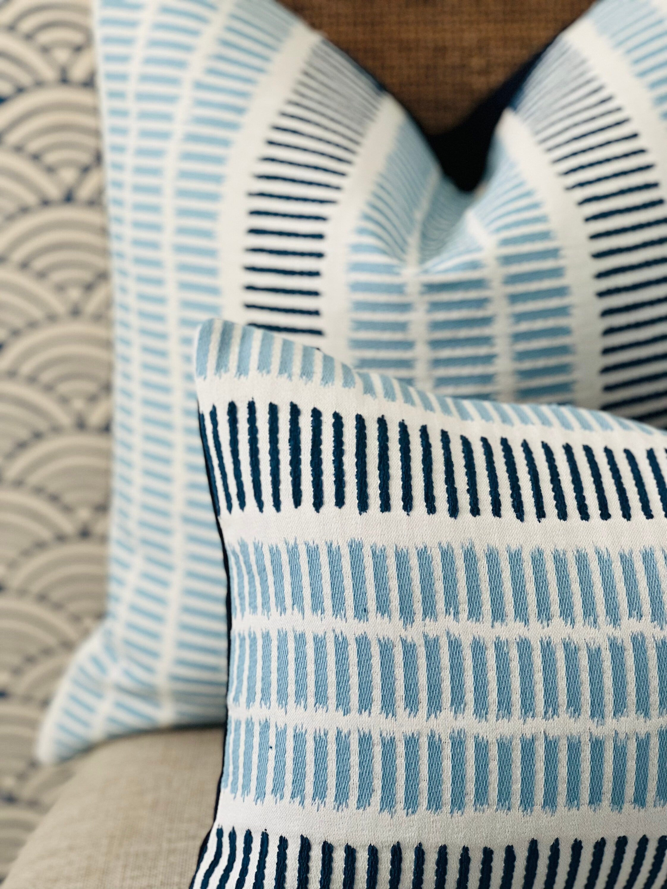Outdoor/ Indoor Top Sail Striped Pillow in Sky and Marine. Designer Woven Decorative Sunbrella Outdoor Pillow Cover in Blue Striped