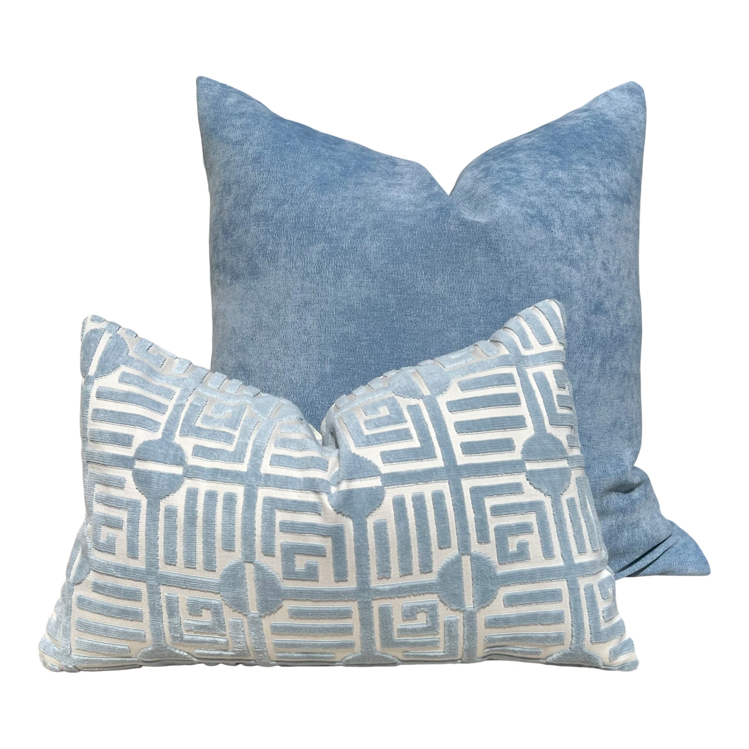 Thibaut Labyrinth Velvet Pillow in Spa Blue. High End Pillows, Designer Raised Velvet Pillows, Geometric Velvet Pillows in Light Blue