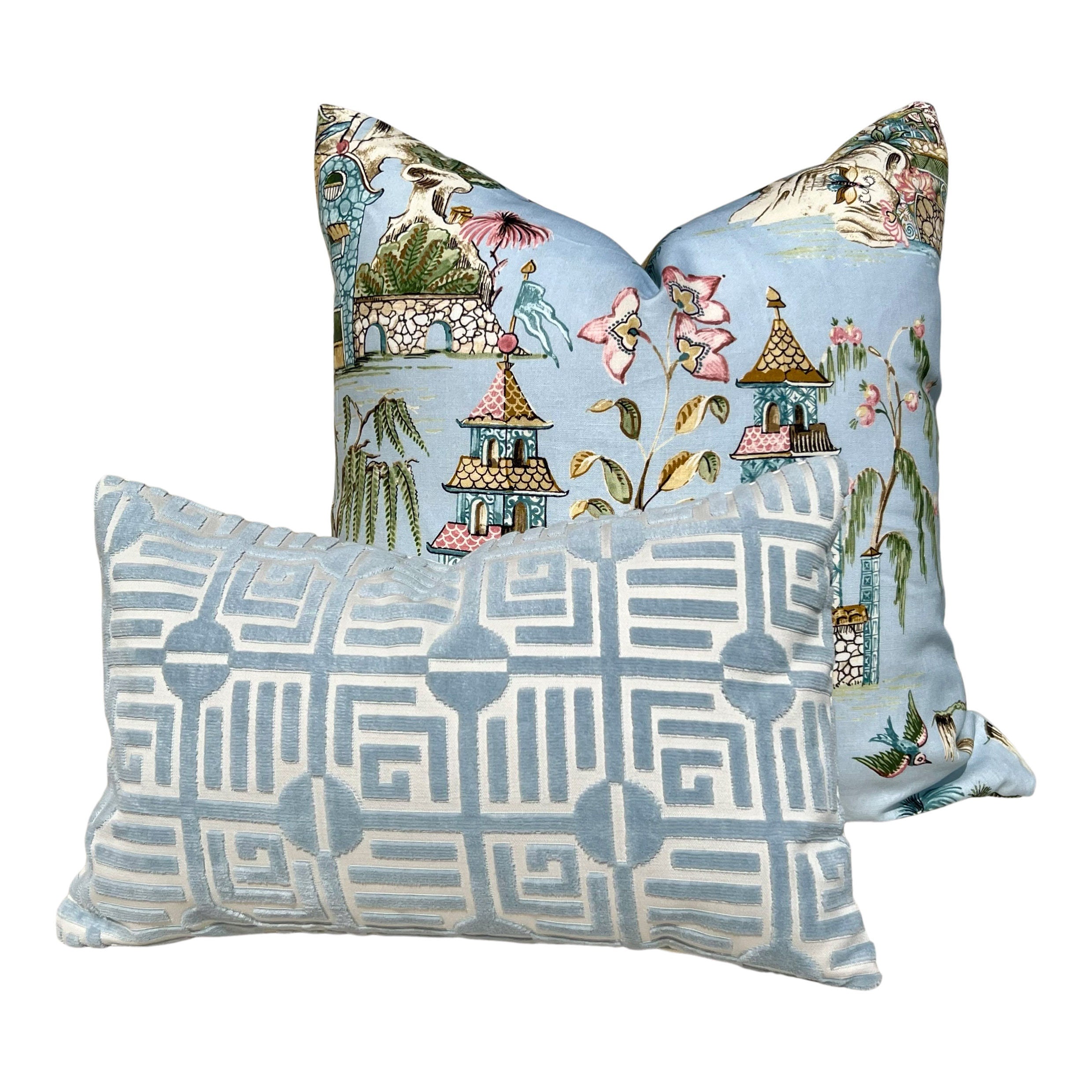 Thibaut Labyrinth Velvet Pillow in Spa Blue. High End Pillows, Designer Raised Velvet Pillows, Geometric Velvet Pillows in Light Blue