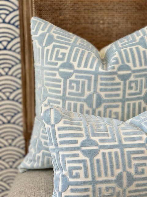 Thibaut Labyrinth Velvet Pillow in Spa Blue. High End Pillows, Designer Raised Velvet Pillows, Geometric Velvet Pillows in Light Blue