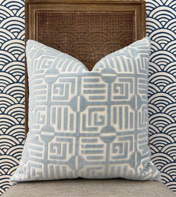 Thibaut Labyrinth Velvet Pillow in Spa Blue. High End Pillows, Designer Raised Velvet Pillows, Geometric Velvet Pillows in Light Blue