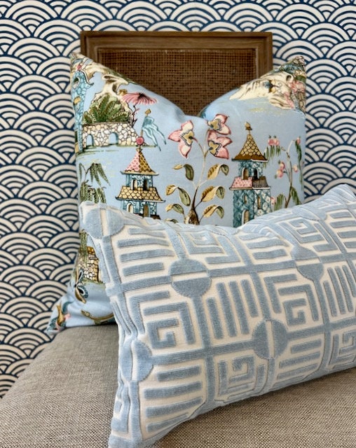 Thibaut Labyrinth Velvet Pillow in Spa Blue. High End Pillows, Designer Raised Velvet Pillows, Geometric Velvet Pillows in Light Blue