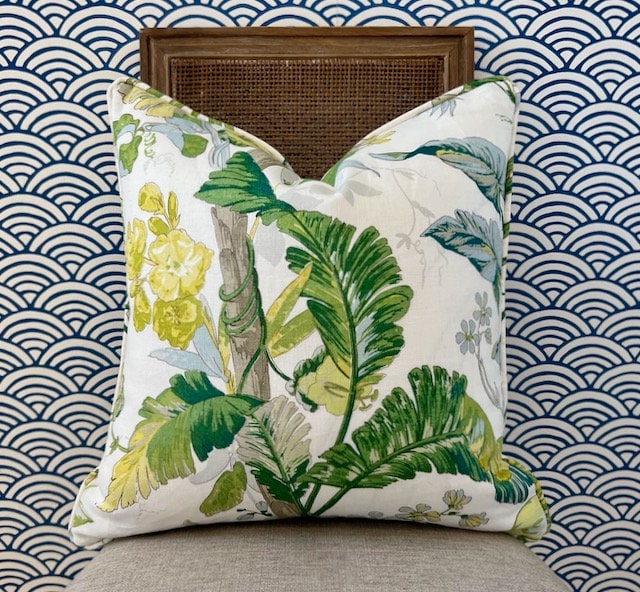 Schumacher Tropique Pillow in Citron. Designer Tropical Pillow Green, Aqua, High End Linen Pillow Cover in Citrus, Lumbar Palm Leaves Pillow