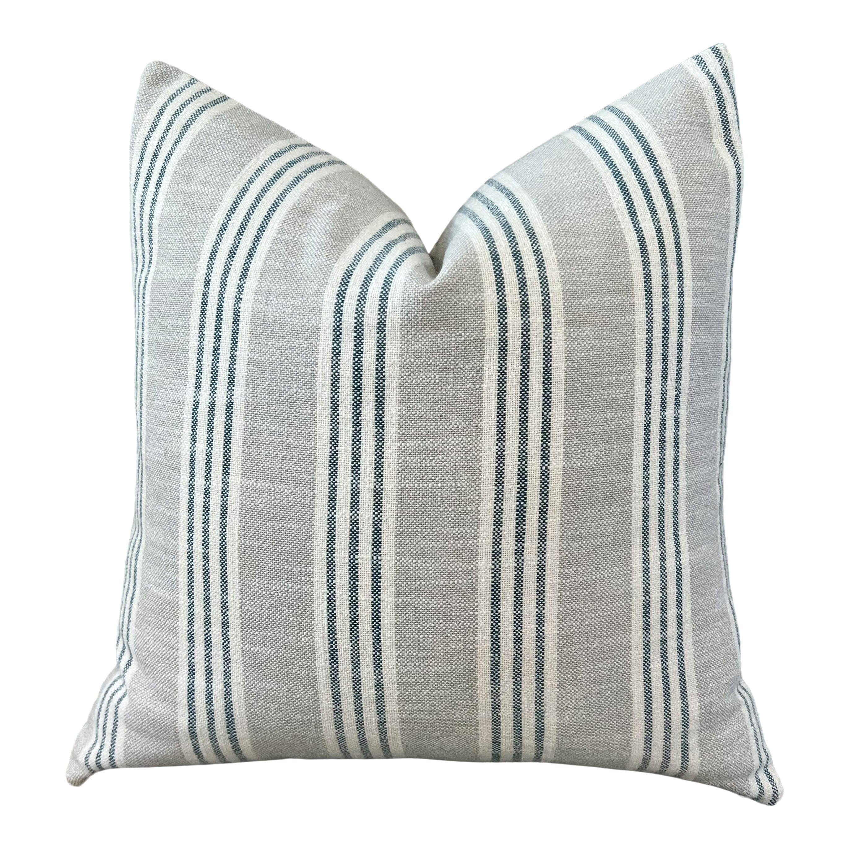 Thibaut Indoor/Outdoor Woven Southport Stripe Pillow in Sterling and Cobalt. Outdoor Gray Striped Pillow Covers, Accent Lumbar Pillows