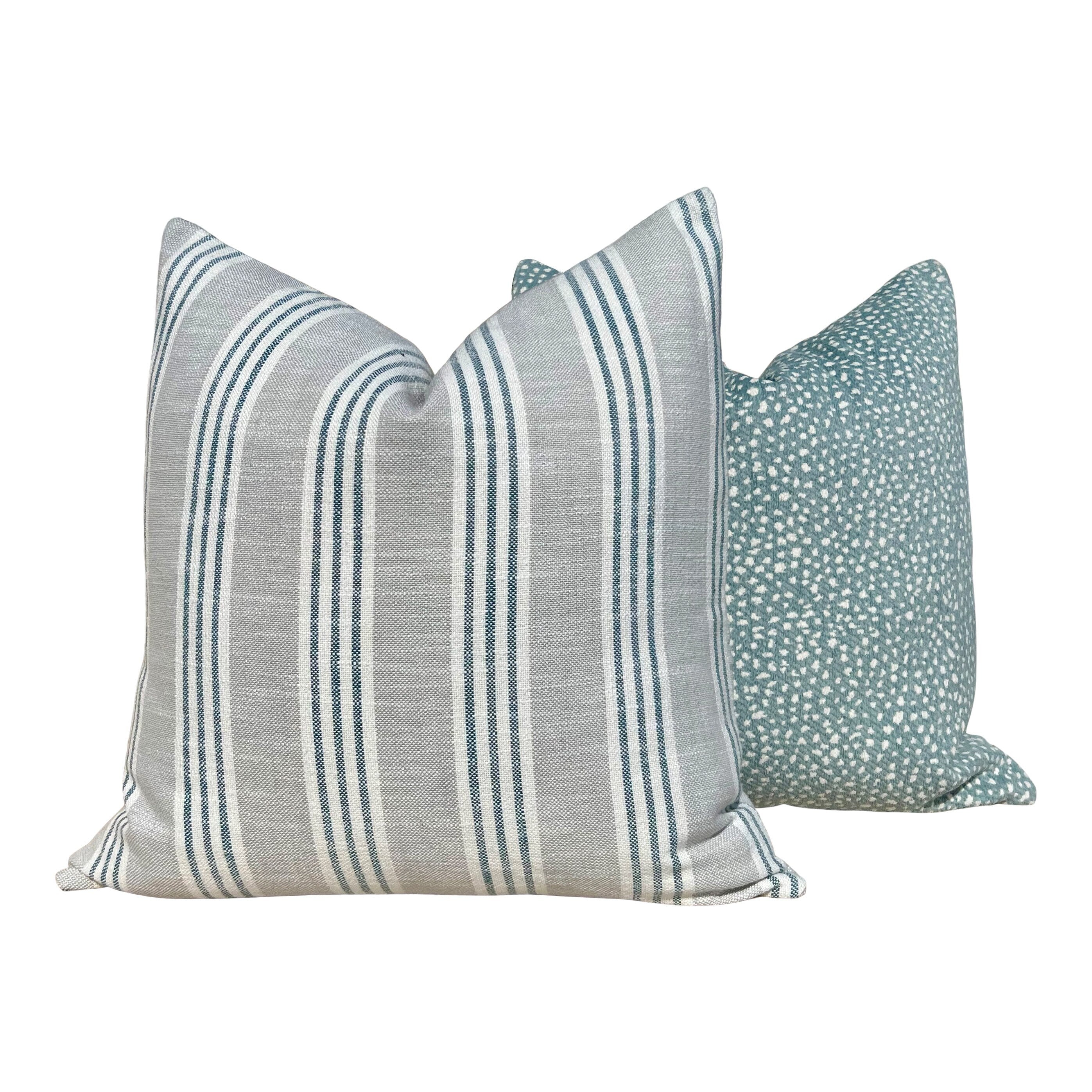 Thibaut Indoor/Outdoor Woven Southport Stripe Pillow in Sterling and Cobalt. Outdoor Gray Striped Pillow Covers, Accent Lumbar Pillows