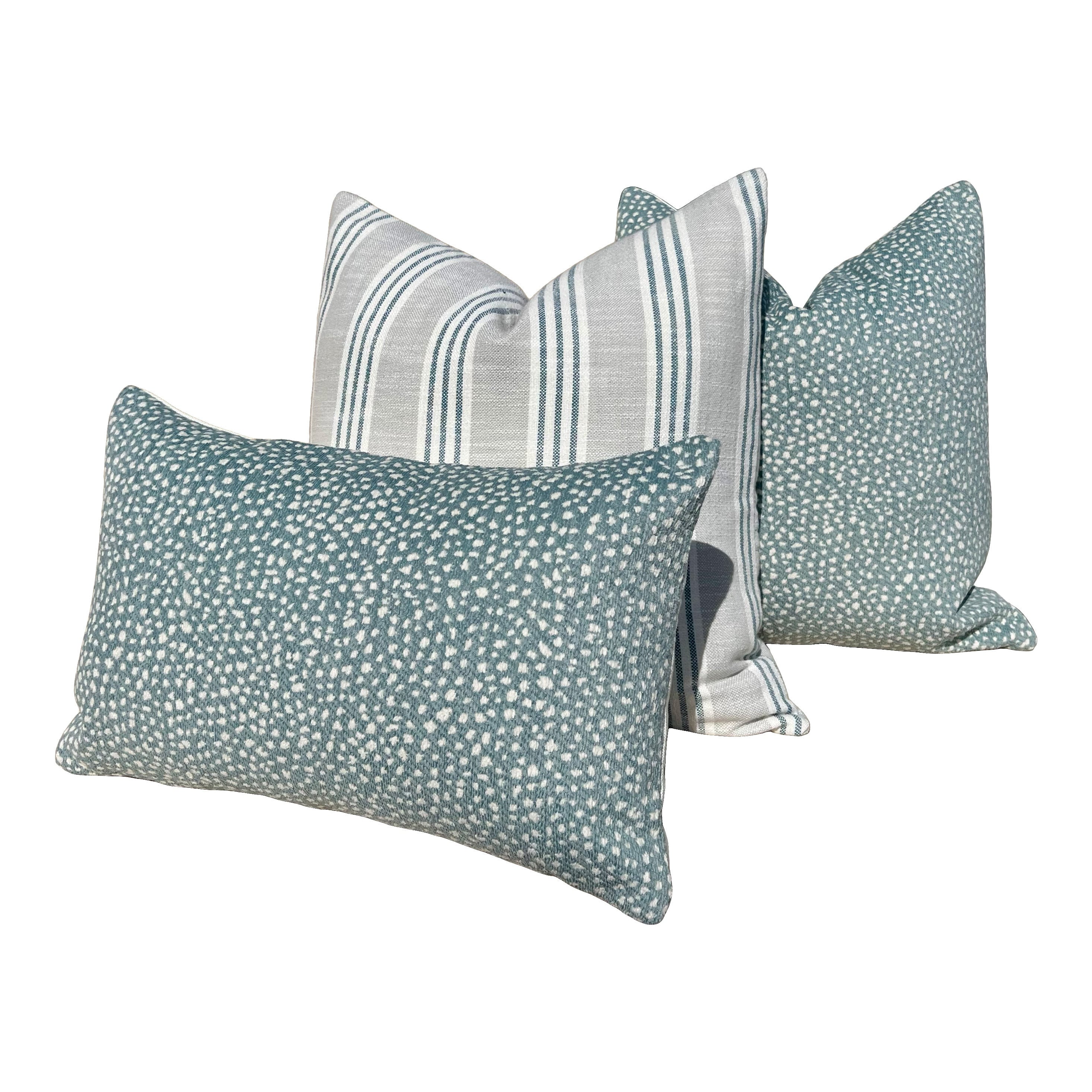 Thibaut Indoor/Outdoor Woven Southport Stripe Pillow in Sterling and Cobalt. Outdoor Gray Striped Pillow Covers, Accent Lumbar Pillows