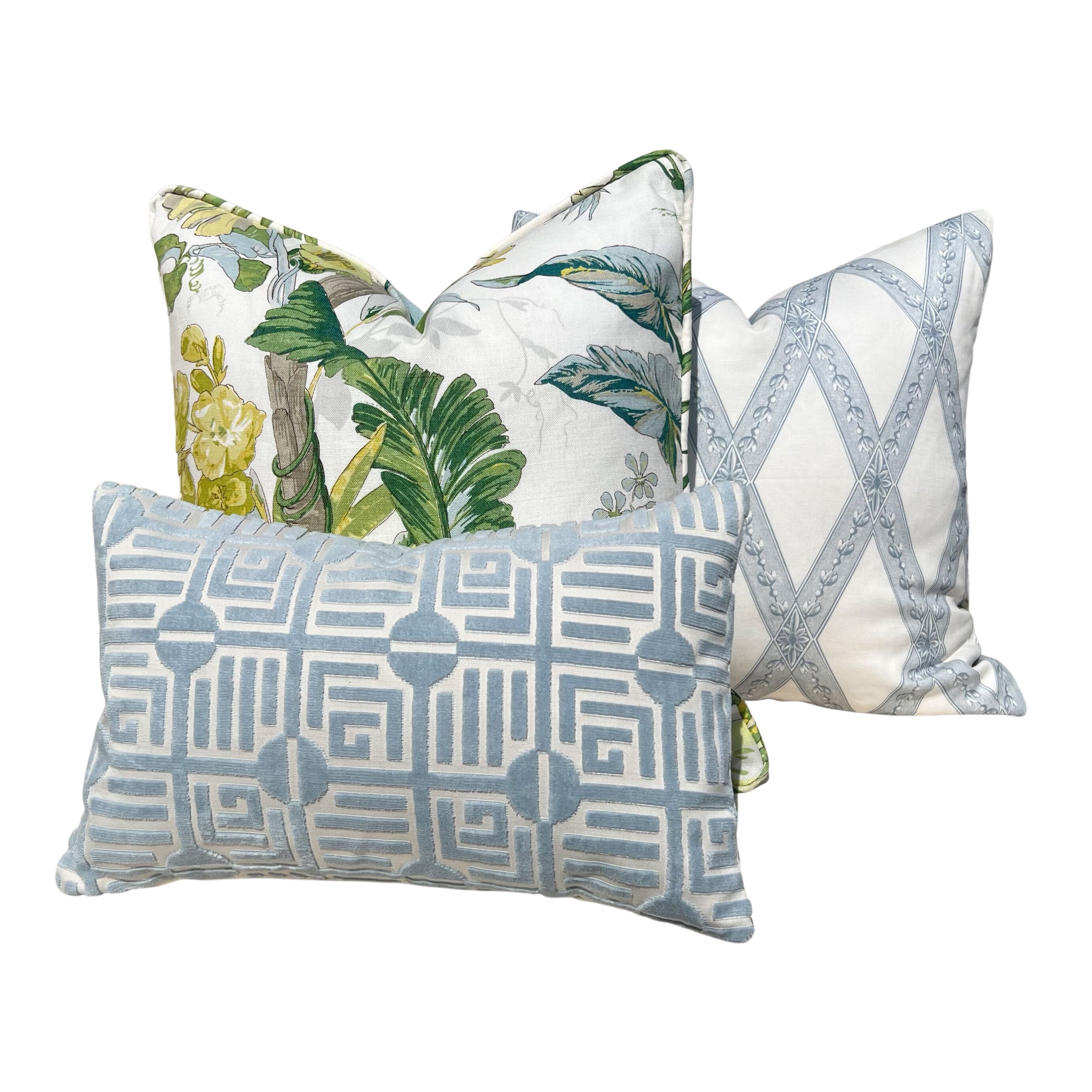 Thibaut Labyrinth Velvet Pillow in Spa Blue. High End Pillows, Designer Raised Velvet Pillows, Geometric Velvet Pillows in Light Blue