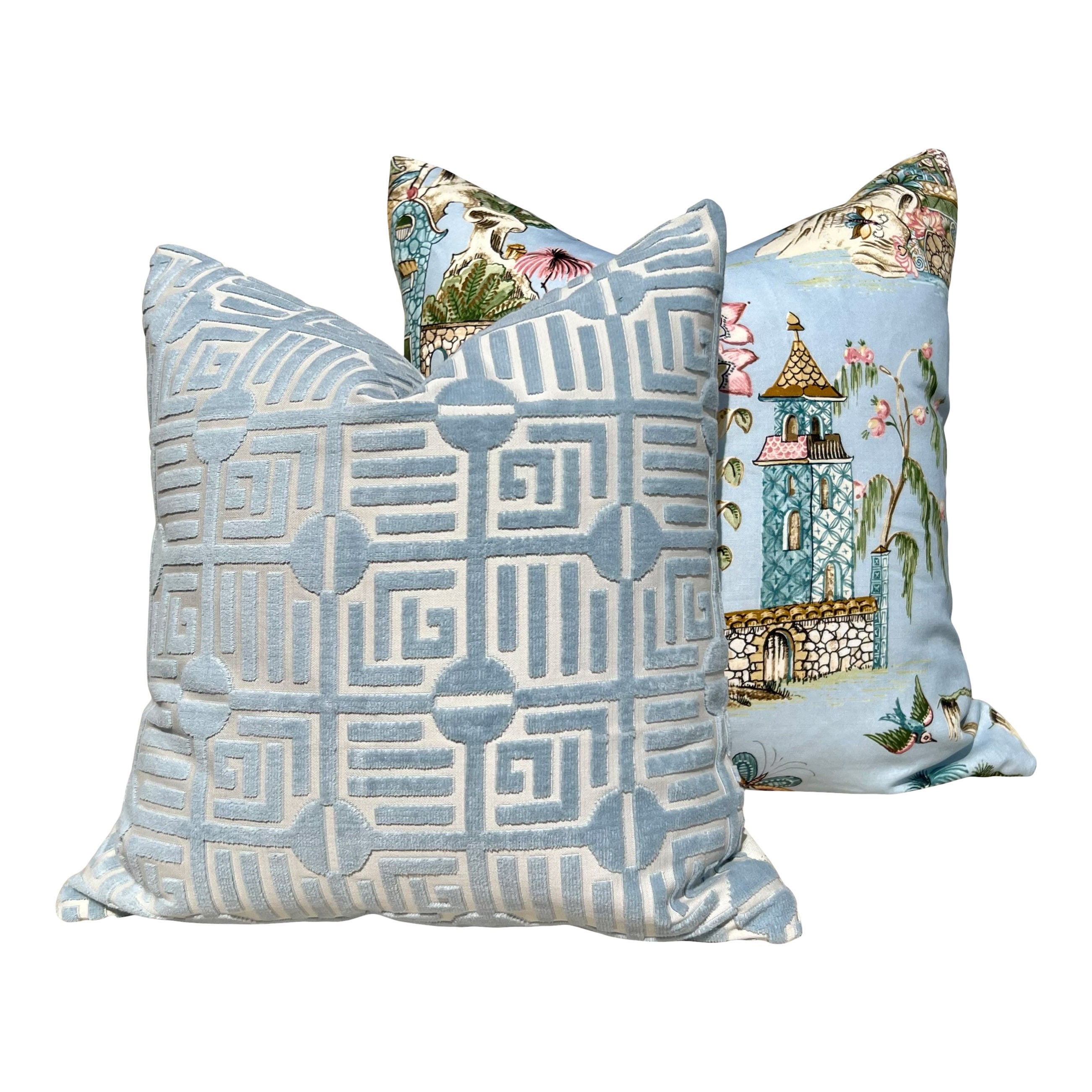 Thibaut Labyrinth Velvet Pillow in Spa Blue. High End Pillows, Designer Raised Velvet Pillows, Geometric Velvet Pillows in Light Blue
