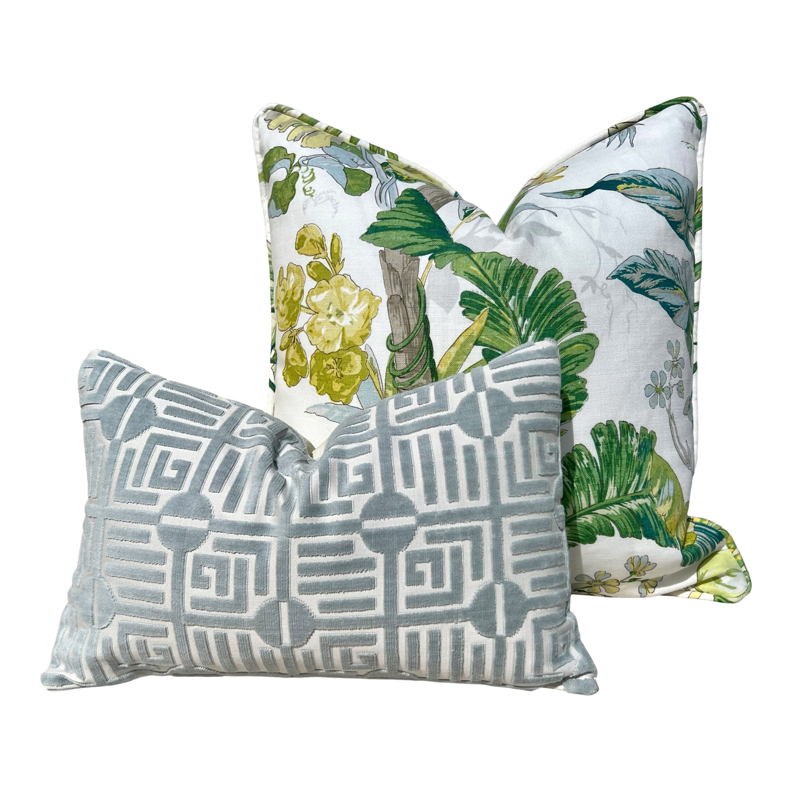 Thibaut Labyrinth Velvet Pillow in Spa Blue. High End Pillows, Designer Raised Velvet Pillows, Geometric Velvet Pillows in Light Blue