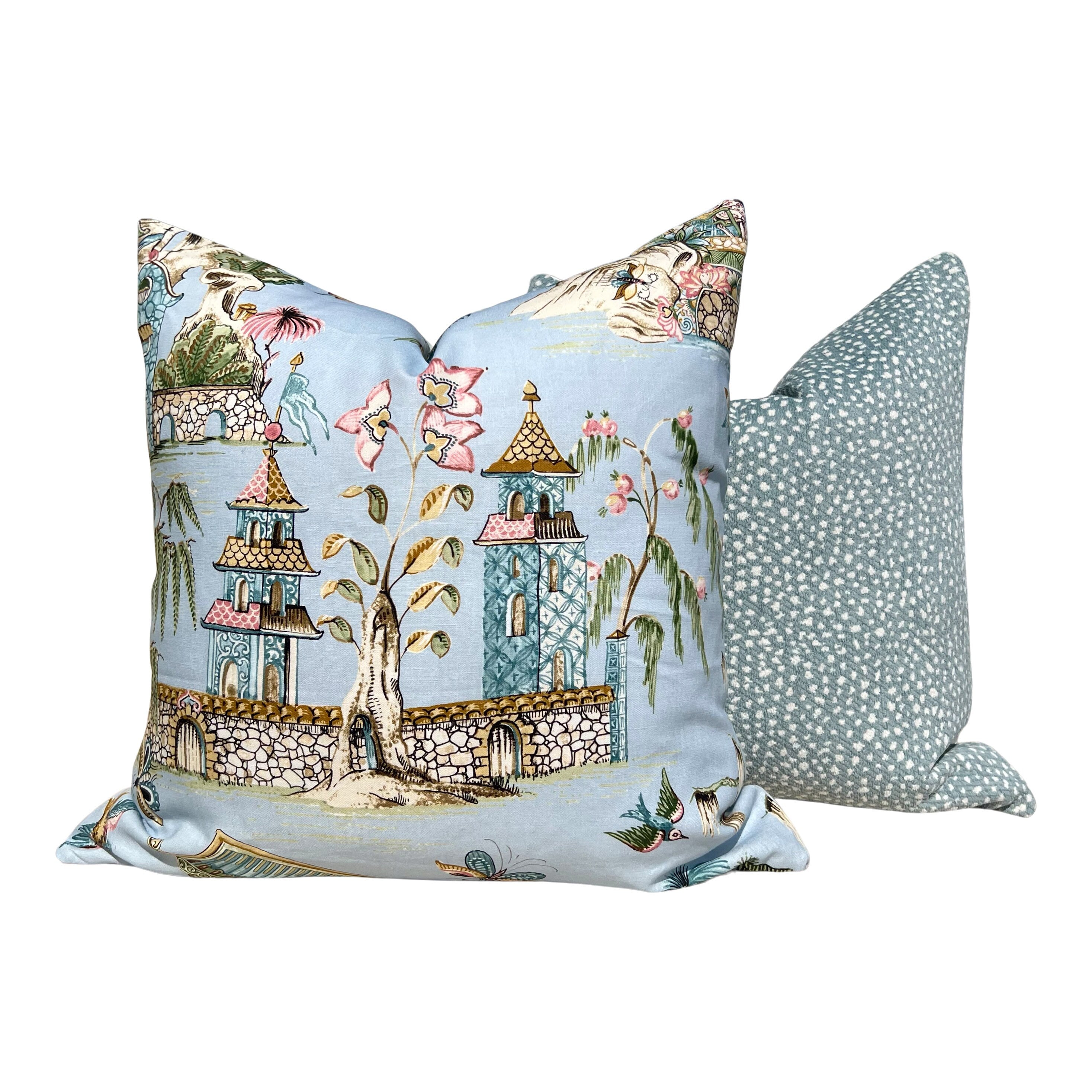 Thibaut Labyrinth Velvet Pillow in Spa Blue. High End Pillows, Designer Raised Velvet Pillows, Geometric Velvet Pillows in Light Blue